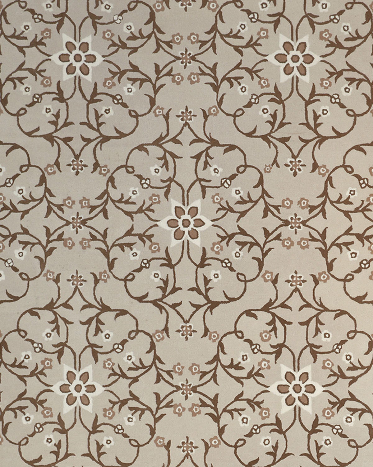 Exquisite Multi Color Decor Handmade Rug - HTW 99 (300x400 CM) by RAMSHA HOME features a vintage-inspired, symmetrical design with large and small flowers in brown and white, connected by ornate curved vines and leaves. The repeating floral pattern is reminiscent of classic motifs often seen on neutral abstract or hand tufted wool rugs, making this decorative piece a timeless addition to any space.