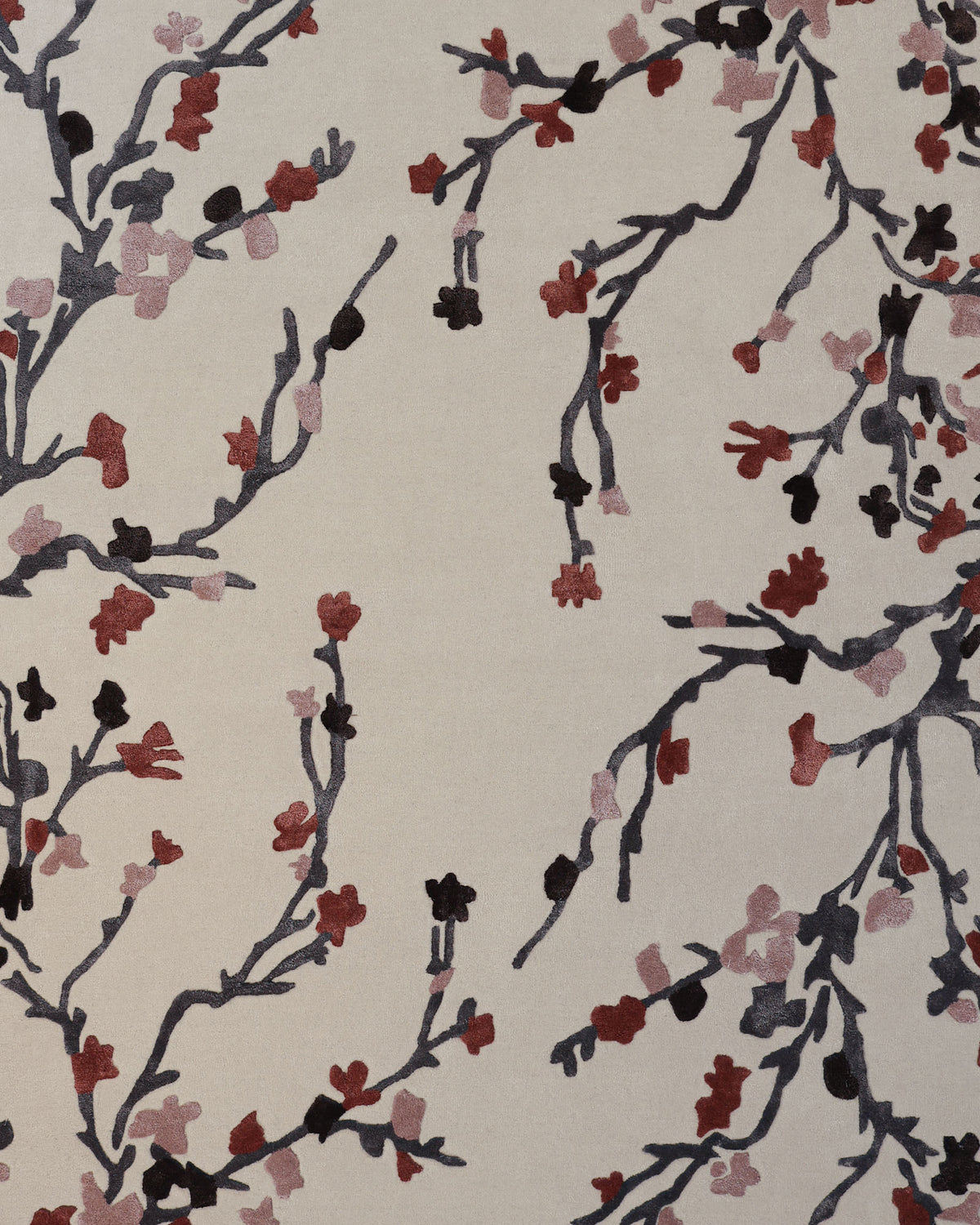 The Multi Color Handmade Area Rug HTWV-119 by RAMSHA HOME showcases a beige background adorned with dark gray and red branches featuring delicate cherry blossom-like flowers, making this floral wool rug a stylish decorative piece that adds elegance to any room.