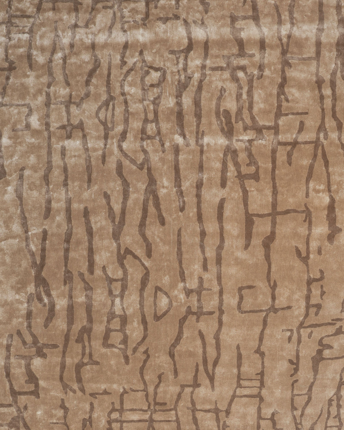 Introducing the Brown Color Handmade Rug - HTV 10 (250x350 cm) by RAMSHA HOME, featuring a light brown textured surface accented with darker brown, irregular vertical and horizontal lines that evoke abstract tree bark or wood grain patterns—an ideal choice for those seeking a neutral, artistic touch in a hand tufted Tencel area rug design.