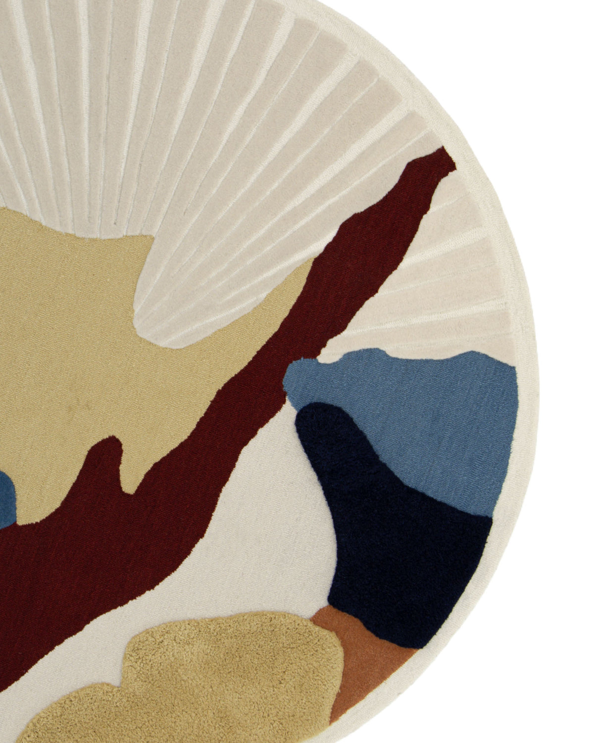The RAMSHA HOME Handmade Wool & Cotton Abstract Round Area Rug HTW 125 (200cm) features a stylish mix of curved and linear patterns in cream, burgundy, blue, navy, and tan tones, offering a contemporary look with its modern abstract design.