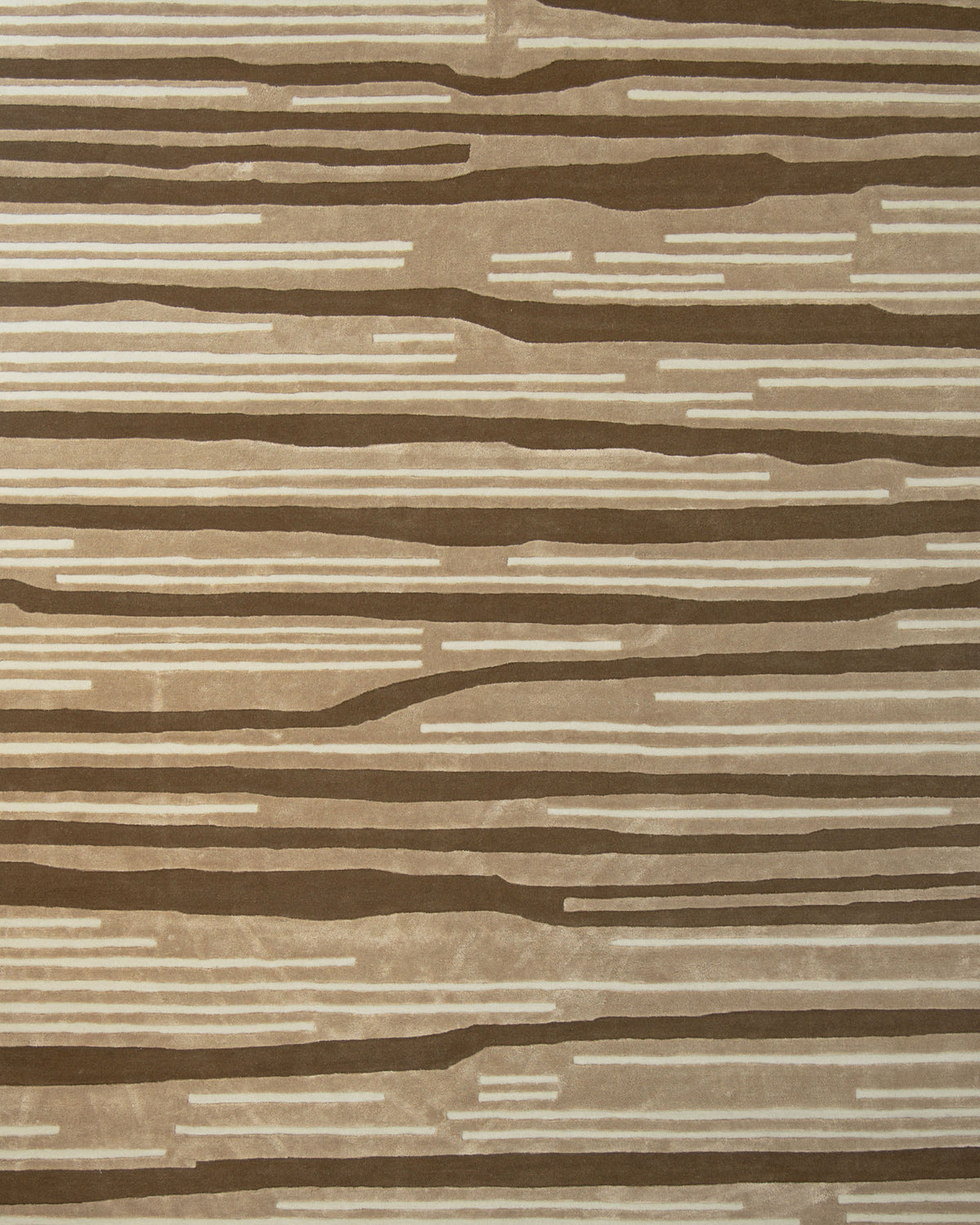 Elevate your space with the Amazing Multi Color Bedroom Floor Rug - ZUA 13 (250x350cm) by RAMSHA HOME. Featuring a brown and beige abstract pattern with horizontal lines of varying thickness that resemble wood grain or layered sediment, this modern striped rug offers a striking contemporary texture. The evenly repeating design makes it an ideal choice for those seeking a stylish handtufted beige area rug to enhance any room.