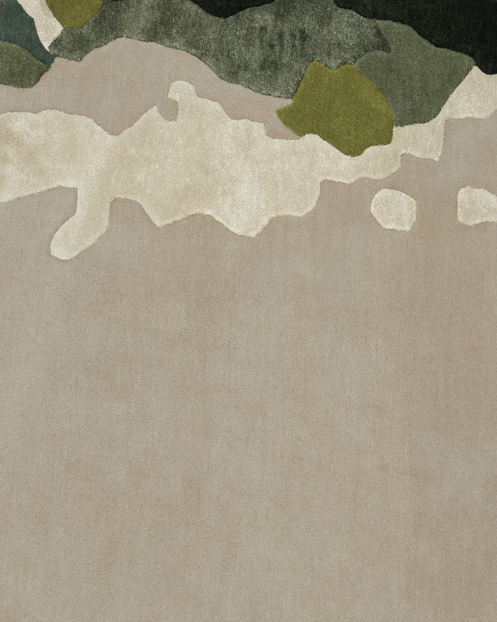 The Terra Eclipse Oval Handmade Rug Accent Rug HTWV-201 by RAMSHA HOME features an abstract design on a beige background with irregular, wavy shapes in dark green, olive, and cream along the top edge, evocative of a modern landscape or camouflage pattern—an ideal inspiration for contemporary interior décor.