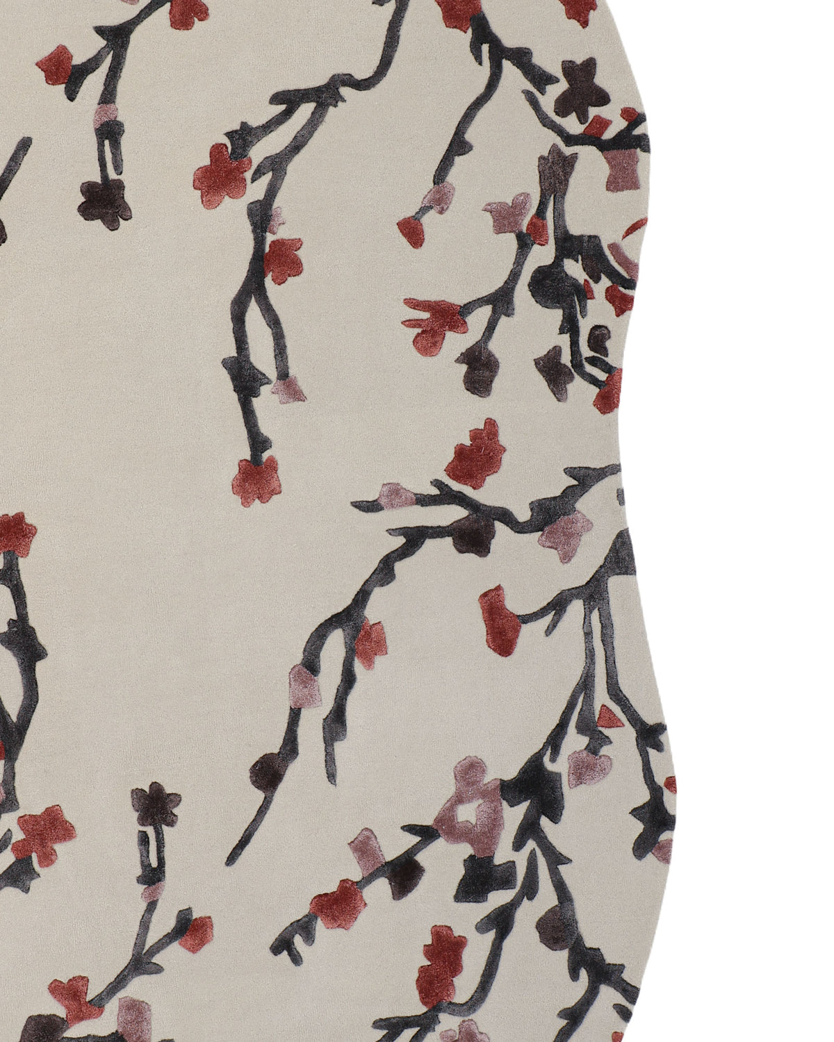 The RAMSHA HOME Multi Color Handmade Area Rug HTWV-119 features gently curved beige fabric adorned with black, brown, and red branch and blossom patterns reminiscent of cherry blossoms arranged diagonally—an elegant choice to bring refined floral charm to any space.