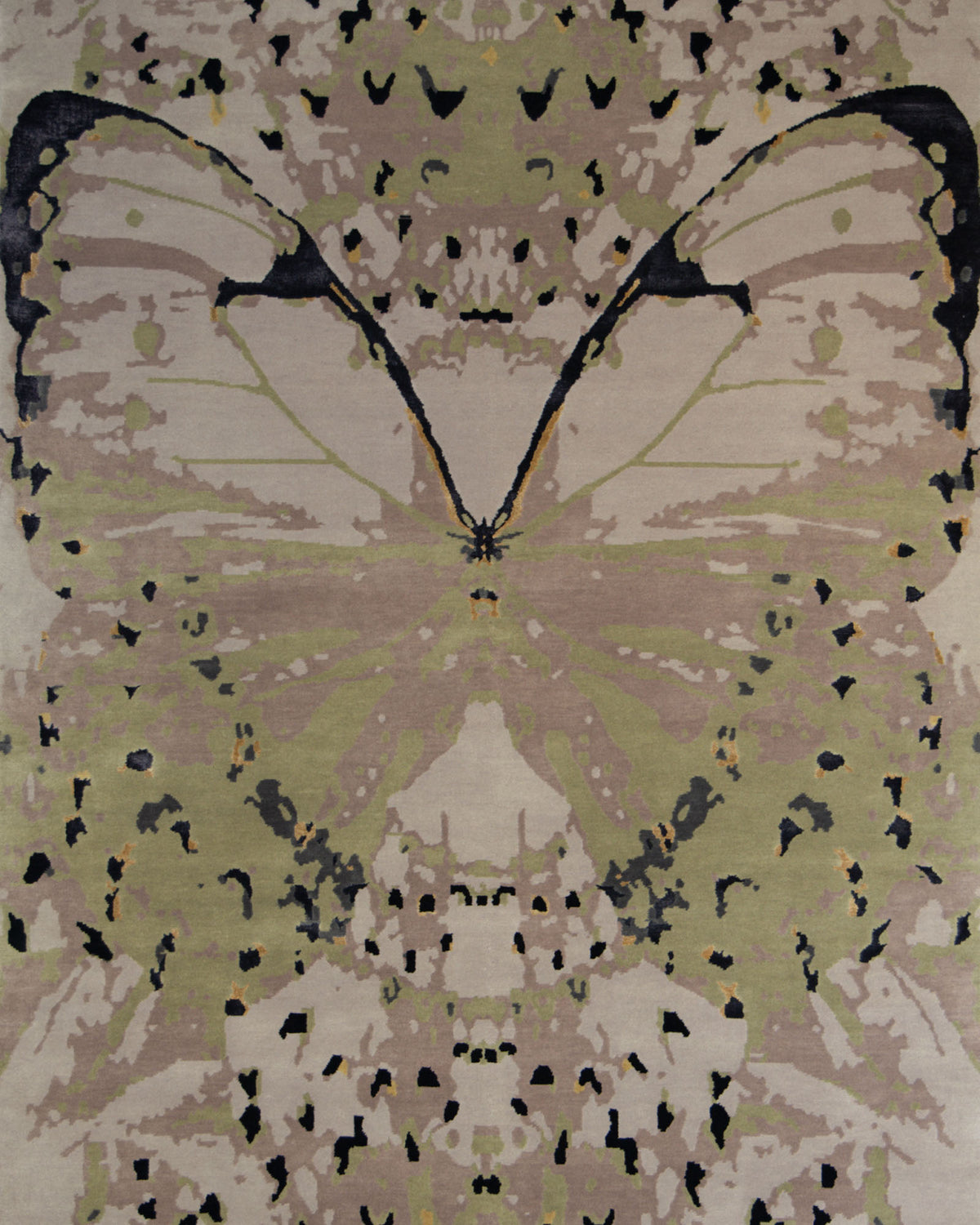 An abstract image of a butterfly featuring tan, green, and black patterns in an inkblot-inspired style adorns a muted, textured backdrop—an ideal inspiration for the Butterfly Design Carpet For Every Room HKWV-010 by RAMSHA HOME, perfect as an exquisite hand knotted rug.