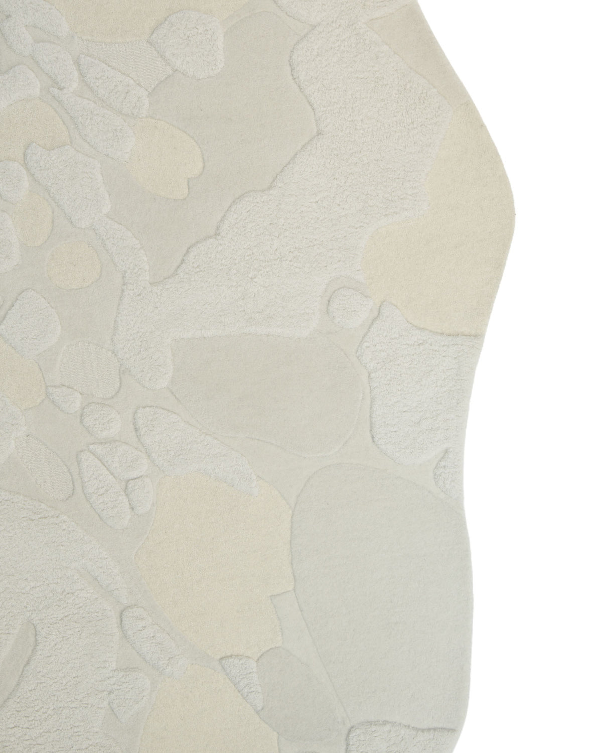 Creative Multi Color Wool & Cotton Handmade Rug - HTW 69 (200x300cm) by RAMSHA HOME, featuring irregular organic shapes in light gray and beige tones with a wavy edge, hand-tufted from wool and cotton, photographed against a white background.