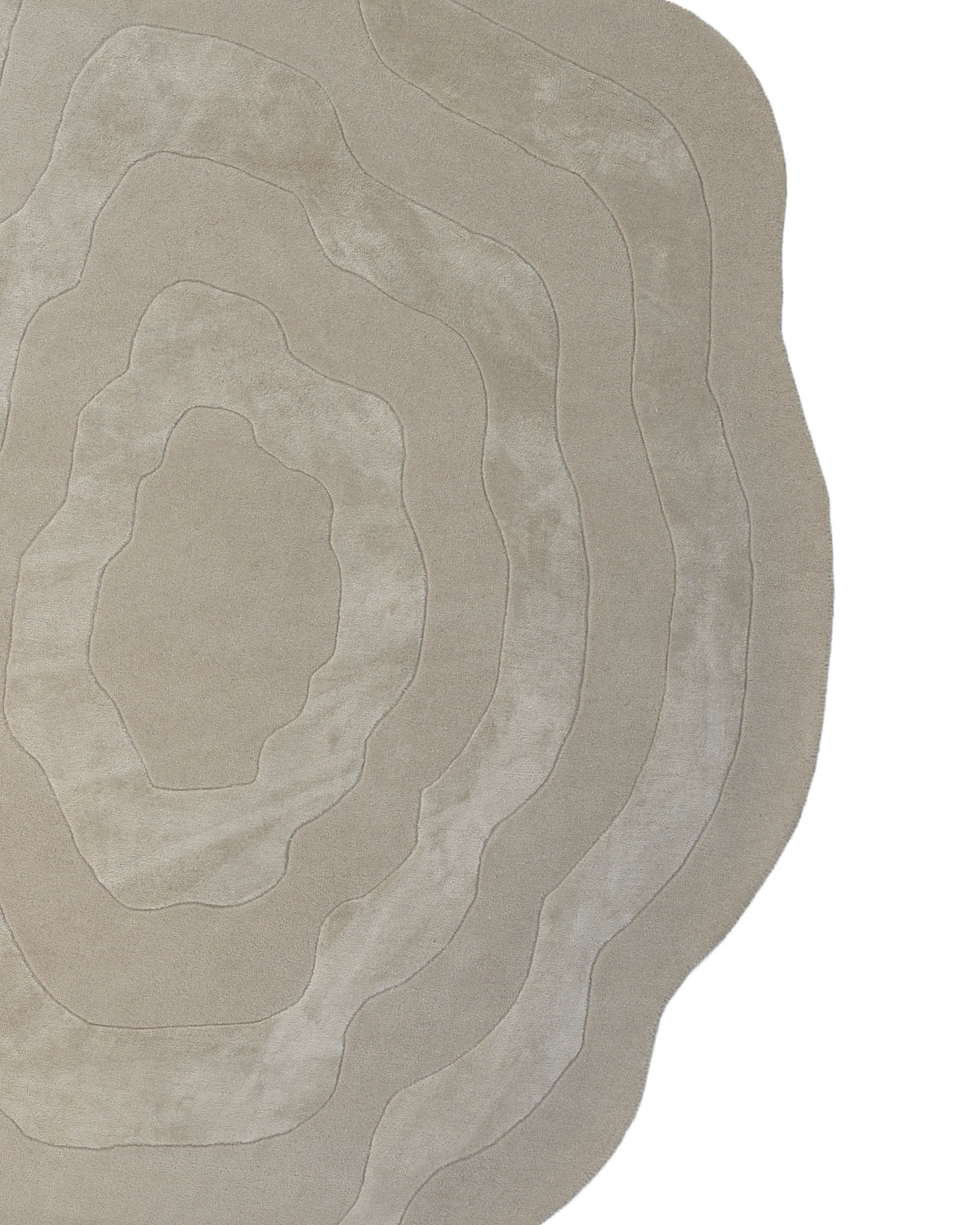 The RAMSHA HOME Wool & Tencel Multi Color Rug HTWV-91 displays an abstract design with concentric, irregular rings reminiscent of topographic lines. Its modern wavy-edged silhouette in an ivory palette creates a striking centerpiece on a white background, making this area rug a standout addition to any contemporary space.