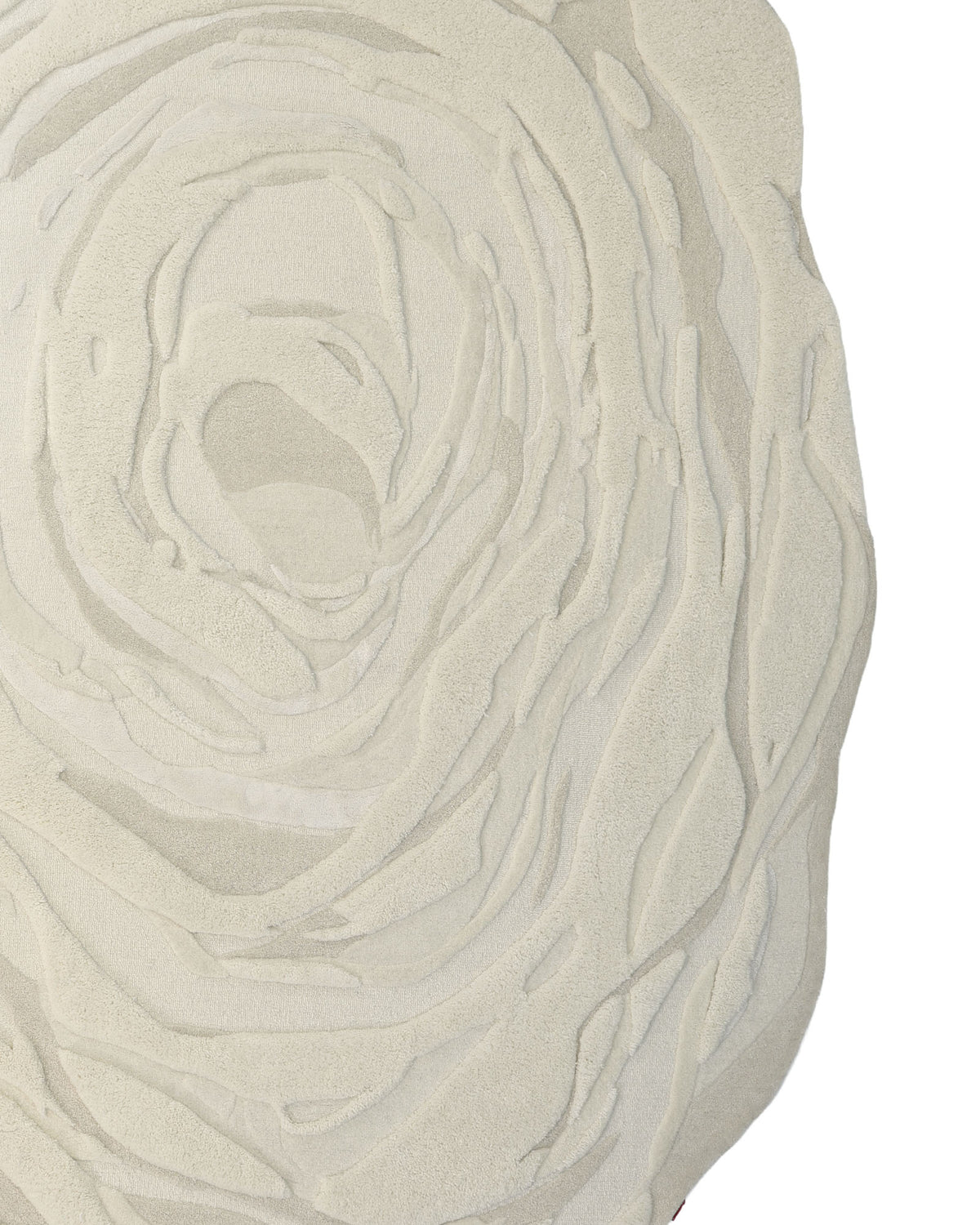 Inspired by abstract tree rings and layered petals, the Beige Color Oval Shaped Handmade Rug - HTWV 106 (200x300cm) from RAMSHA HOME features a textured, circular design in light beige and cream tones with organic, uneven edges—perfect for adding modern neutral elegance to any space.