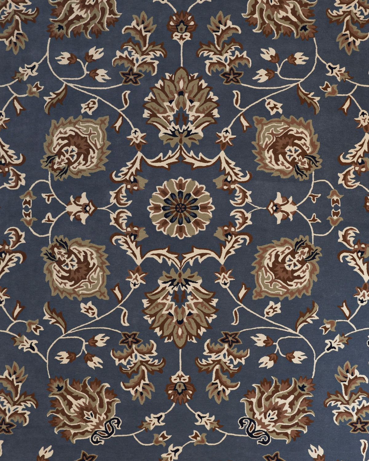 Experience timeless elegance with the RAMSHA HOME Handmade Blue Persian Wool Carpet (300x400 cm, HTW-15). This exquisite area rug showcases a symmetrical floral and leaf motif in brown, beige, and cream tones set against a rich blue background. Crafted from premium hand-tufted wool, its intricate details and repeating patterns make this blue Persian carpet a stunning centerpiece for any room.