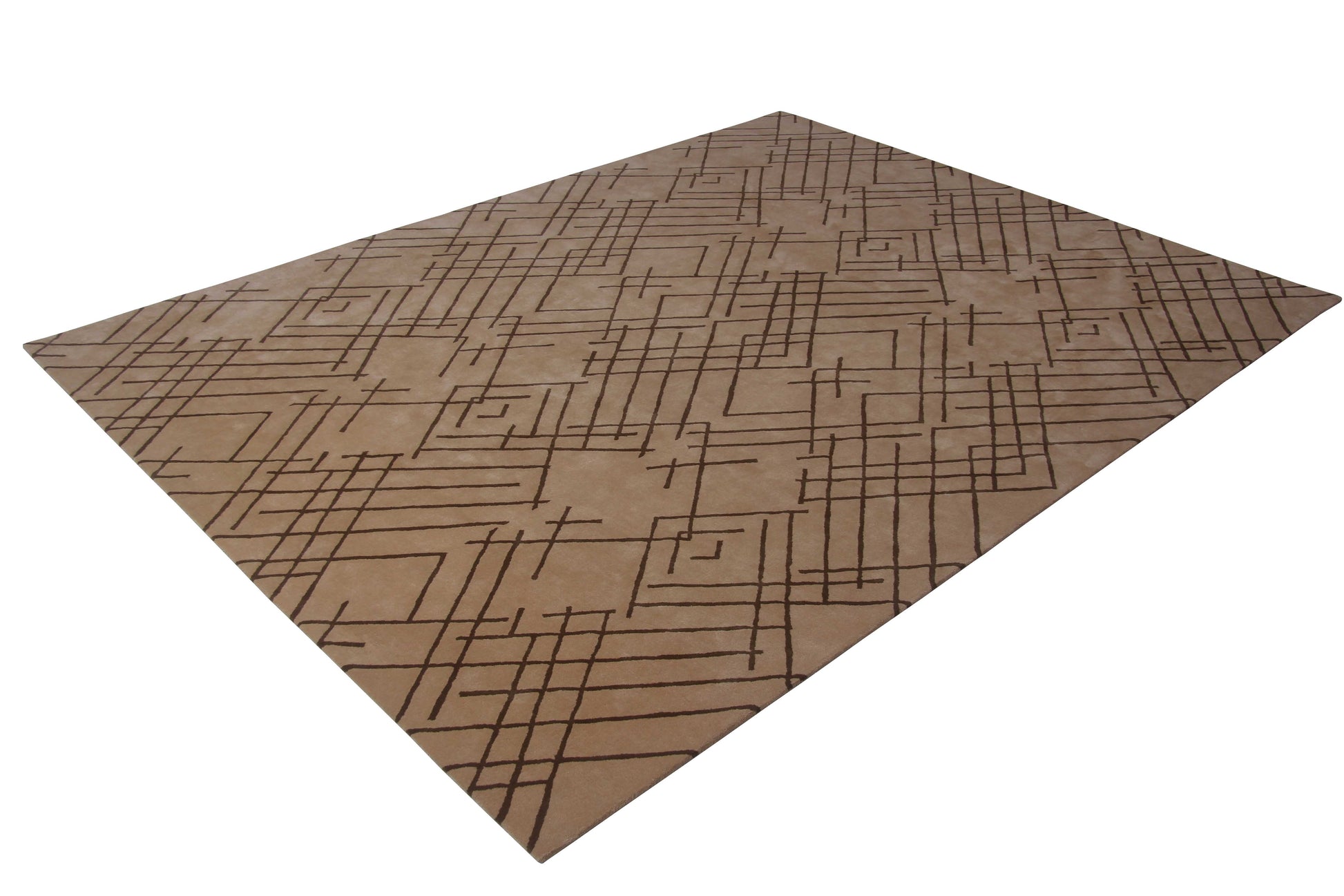 The RAMSHA HOME Modern Home Decor Handmade Carpet – HTW-50 is a rectangular beige geometric wool rug with intersecting dark brown lines, shown angled against a white background.