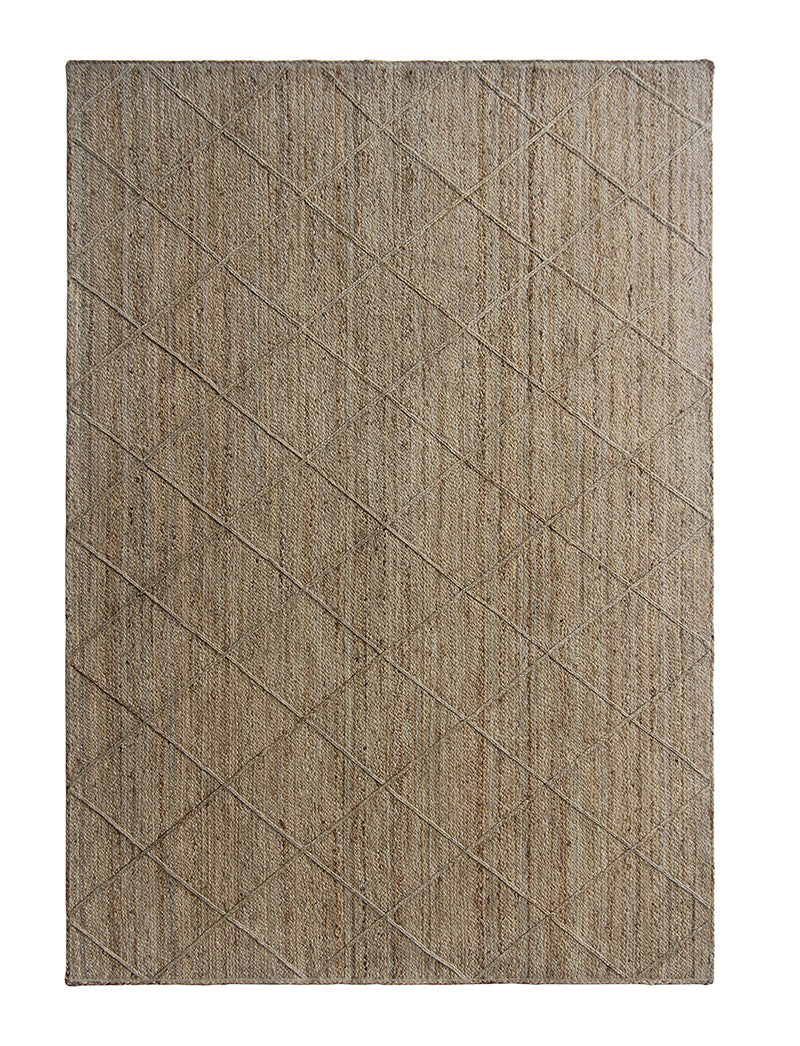 The RAMSHA HOME Natural Handmade Jute Braided Rug - BR 073 is a rectangular beige rug featuring a subtle diamond and diagonal line pattern, crafted from durable jute for a natural look and texture.