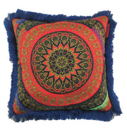 The RAMSHA HOME Polyester Home Decor Cushion With Filler CS-054 features a red, gold, and black mandala design, blue fringe edges, and a plush insert—ideal for adding style to any modern home.