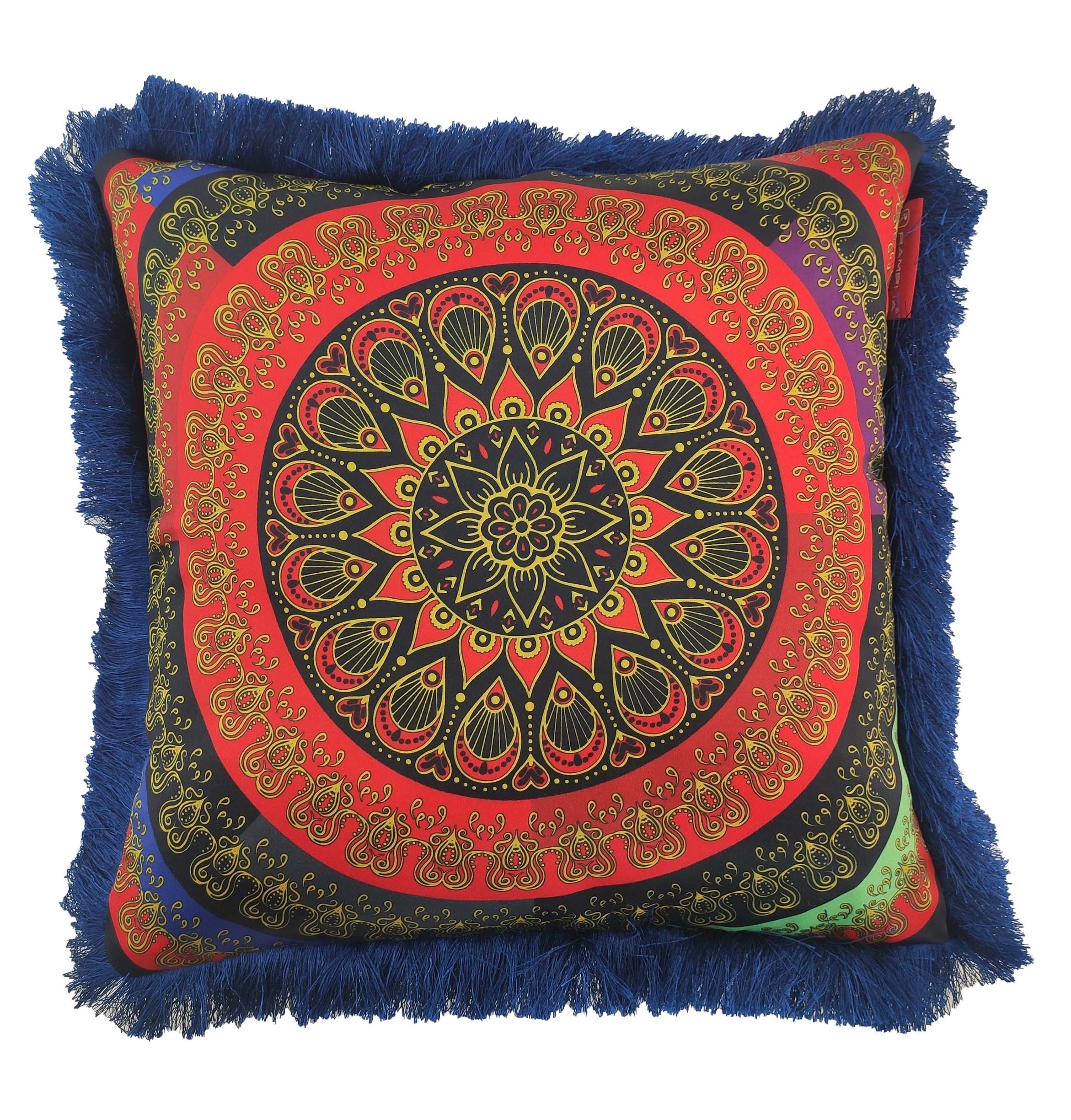 The RAMSHA HOME Polyester Home Decor Cushion With Filler CS-054 features a red, gold, and black mandala design, blue fringe edges, and a plush insert—ideal for adding style to any modern home.