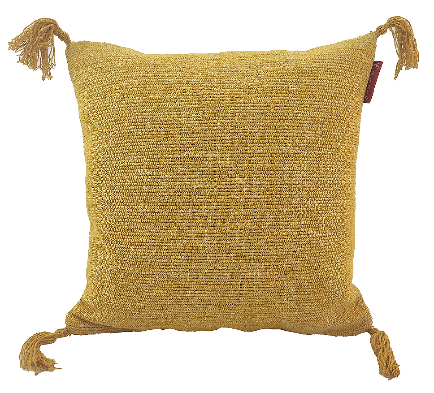 The RAMSHA HOME Cotton Cushion With Fringes CS-133 is a square yellow woven cotton cushion with corner tassels and a small red tag, shown on a white background, perfect for adding comfort and style to your home.