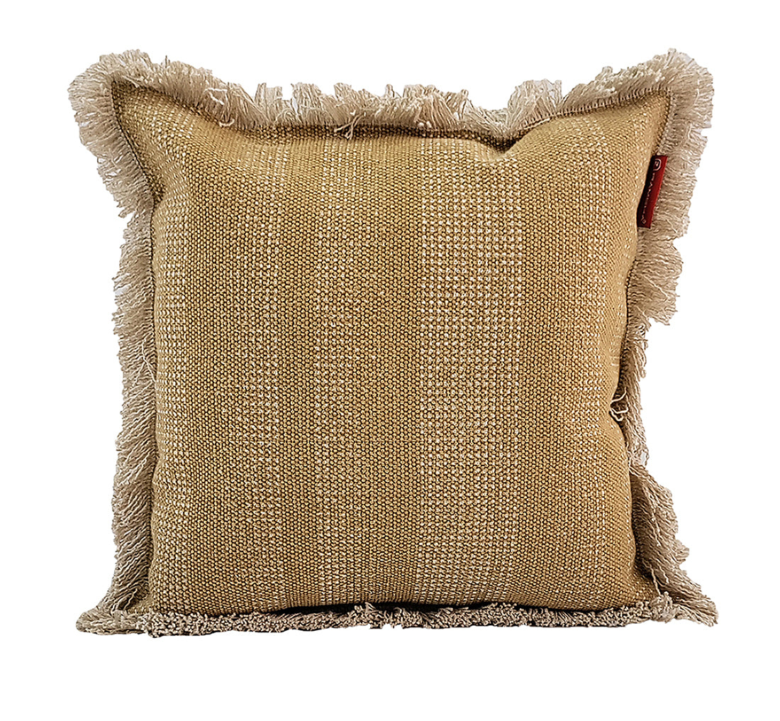 The RAMSHA HOME Cotton Cushion With Fringes cs-141 features a square beige, textured woven fabric with fringed edges. Photographed against a white background, this breathable cushion adds cozy charm to any space.