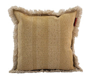 The RAMSHA HOME Cotton Cushion With Fringes cs-141 features a square beige, textured woven fabric with fringed edges. Photographed against a white background, this breathable cushion adds cozy charm to any space.