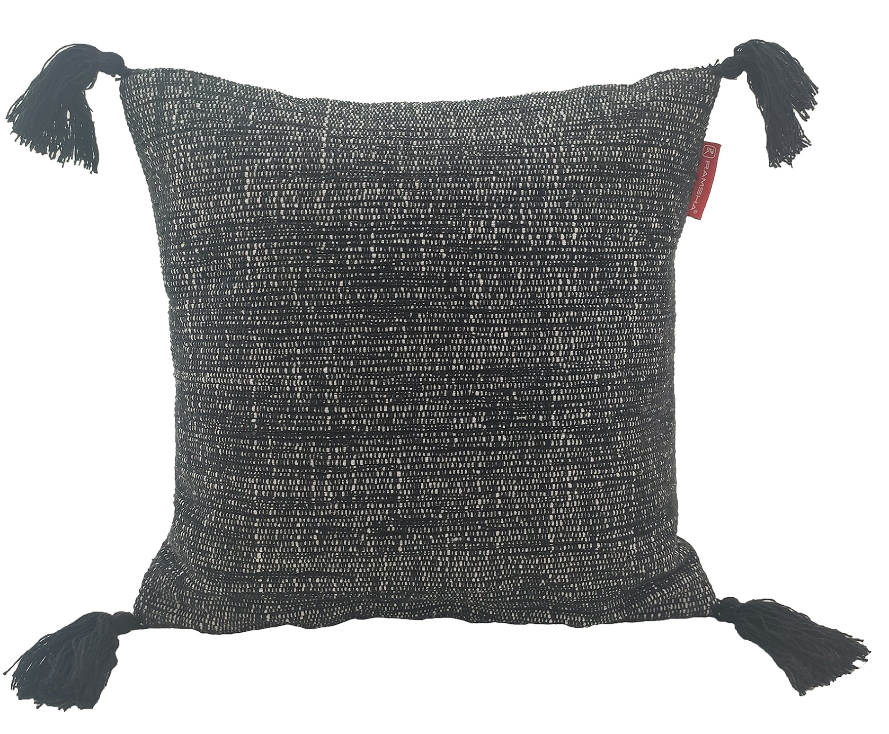 The RAMSHA HOME Cotton Cushion With Fringes CS-133 is a square black and white cotton cushion with small horizontal lines, large tasseled corners, and a red side tag. Shown on a plain white background.