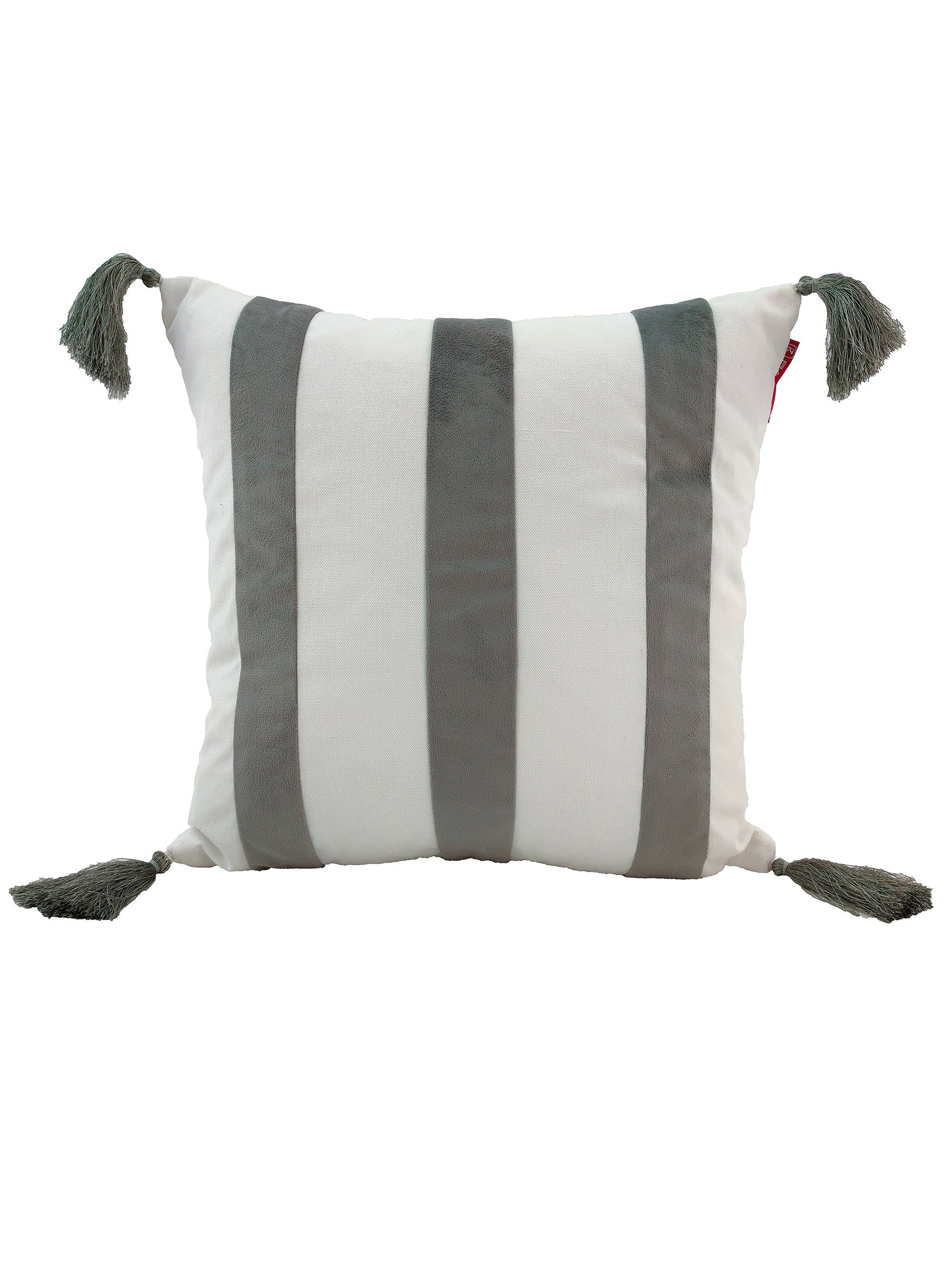 The RAMSHA HOME CS-139 White & Grey Cushion is a premium square polyester cushion with wide vertical gray stripes on white, gray tassels at each corner, and a modern, elegant design—perfect as an accent for your home.