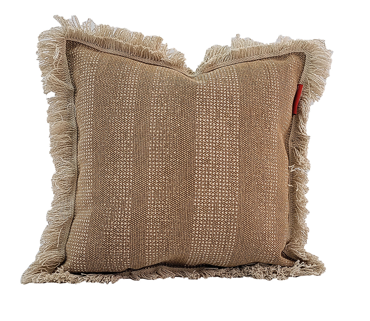 The RAMSHA HOME Cotton Cushion With Fringes cs-141 is a square brown cotton cushion with textured fabric and fringe edging, shown against a white background.