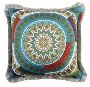 The RAMSHA HOME Polyester Multi Cushion With Filler CS-063 features a mandala pattern in blue, gold, red, and green with gray fringe edges. This premium cushion includes a filler for extra comfort and style.