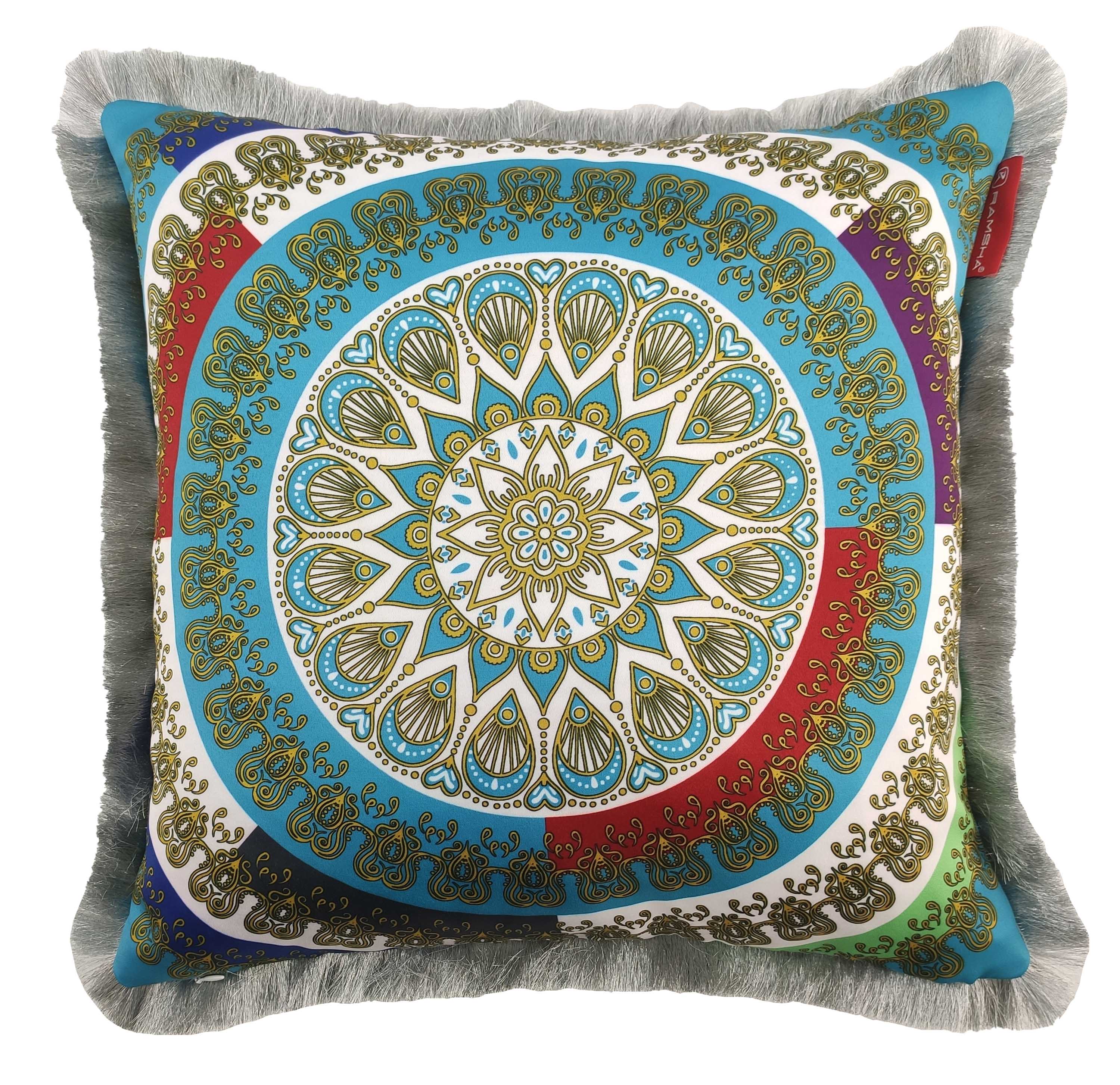 The RAMSHA HOME Polyester Multi Cushion With Filler CS-063 features a mandala pattern in blue, gold, red, and green with gray fringe edges. This premium cushion includes a filler for extra comfort and style.
