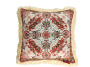 The RAMSHA HOME Multi Decor Printed Cushion With Filler CS-061 features an intricate red, green, and beige paisley and floral pattern with a tan fringe, adding vintage or bohemian charm to any room.