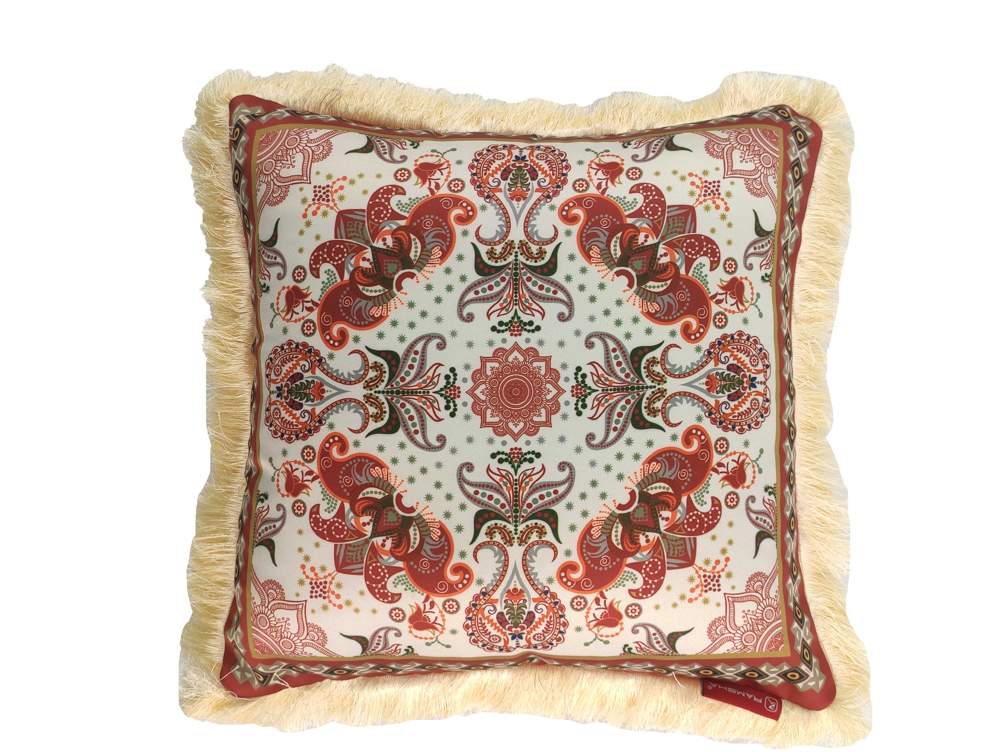 The RAMSHA HOME Multi Decor Printed Cushion With Filler CS-061 features an intricate red, green, and beige paisley and floral pattern with a tan fringe, adding vintage or bohemian charm to any room.