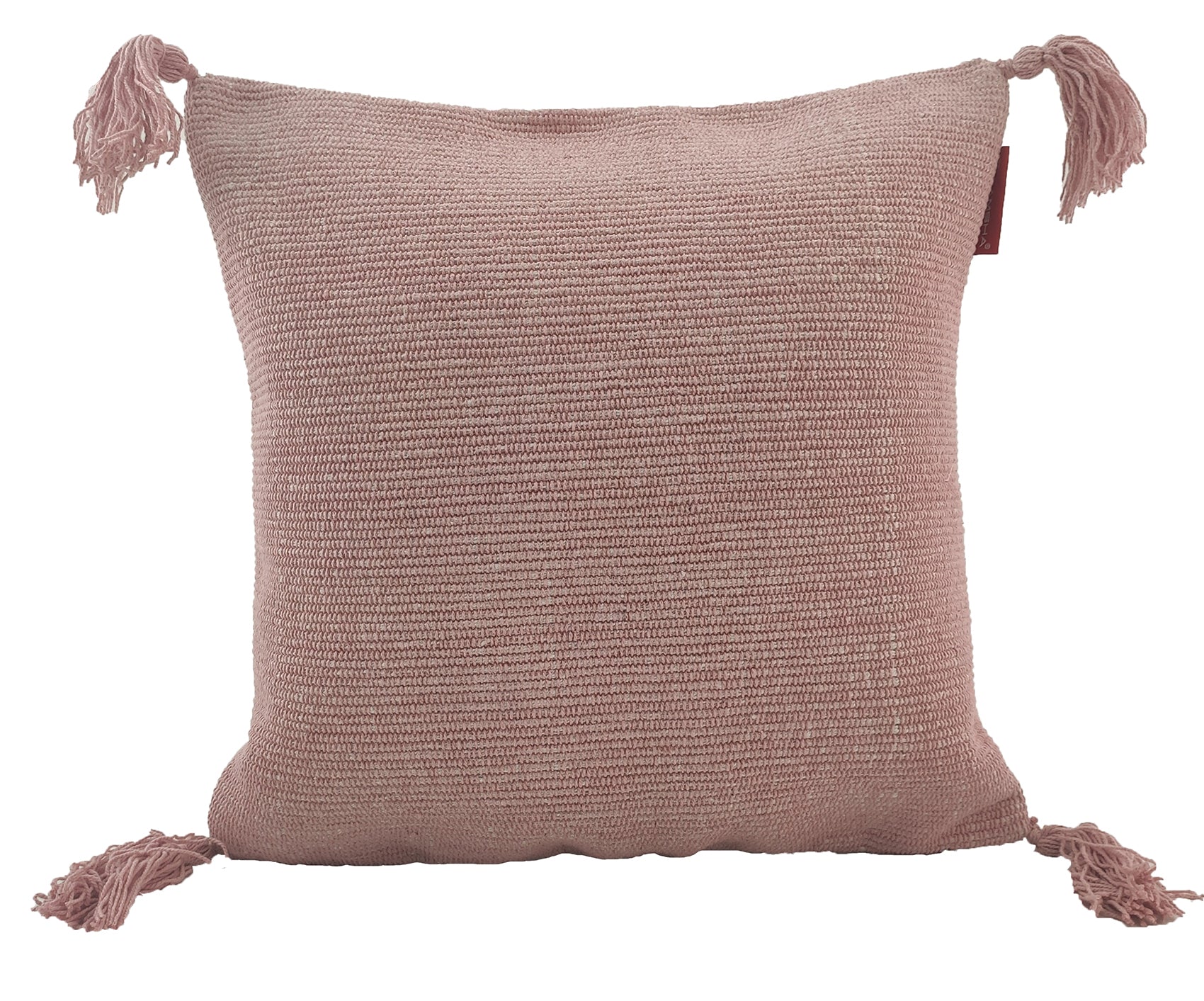 The RAMSHA HOME Cotton Cushion With Fringes CS-133 is a textured pink square pillow featuring corner tassels and premium filler, displayed on a white background for extra comfort.
