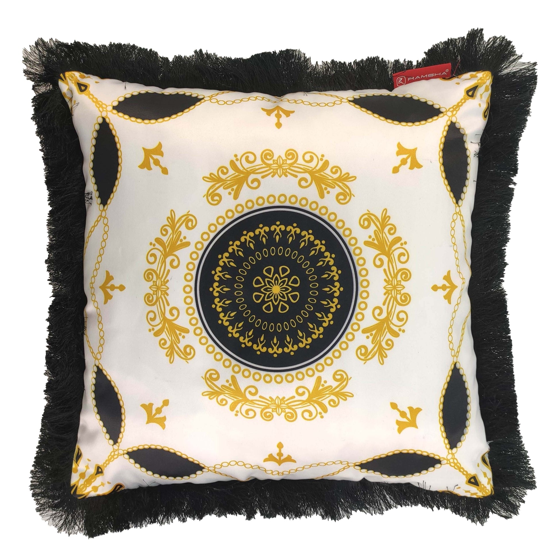 The RAMSHA HOME Cushion With Filler Multi Color CS-055 features a white base, gold and black ornate circles, black fringe edges, and a red fabric tag. Crafted from polyester, it adds elegant style to any room.
