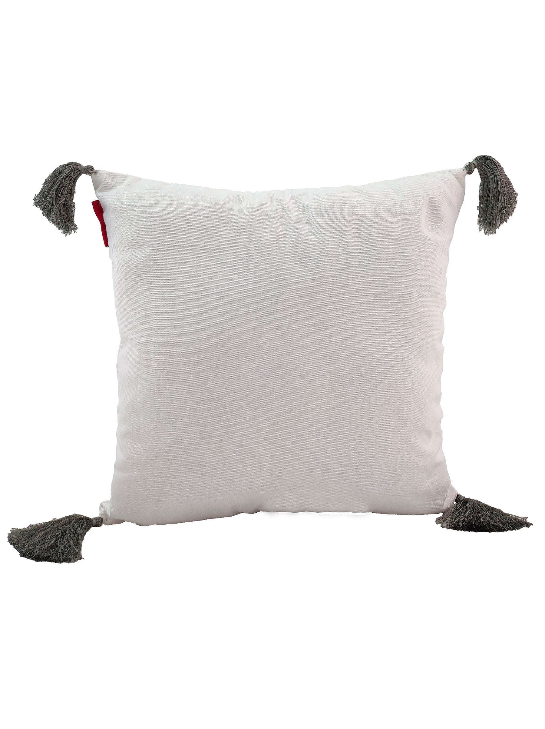 The RAMSHA HOME CS-139 White & Grey Cushion is a modern square cushion crafted from premium polyester, featuring dark gray tassels on each corner and a plain white background.