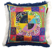 The RAMSHA HOME Modern Printed Cushion With Filler CS-057 features a colorful geometric and floral mandala design, blue fringe on top/bottom, and white fringe on the sides for a cozy decorative touch.