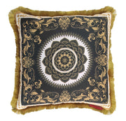 The RAMSHA HOME Digital Printed Cushion With Filler CS-056 features a black base with a gold mandala and floral pattern, gold fringe, red tag, and is machine-washable—perfect for adding elegance to any room.