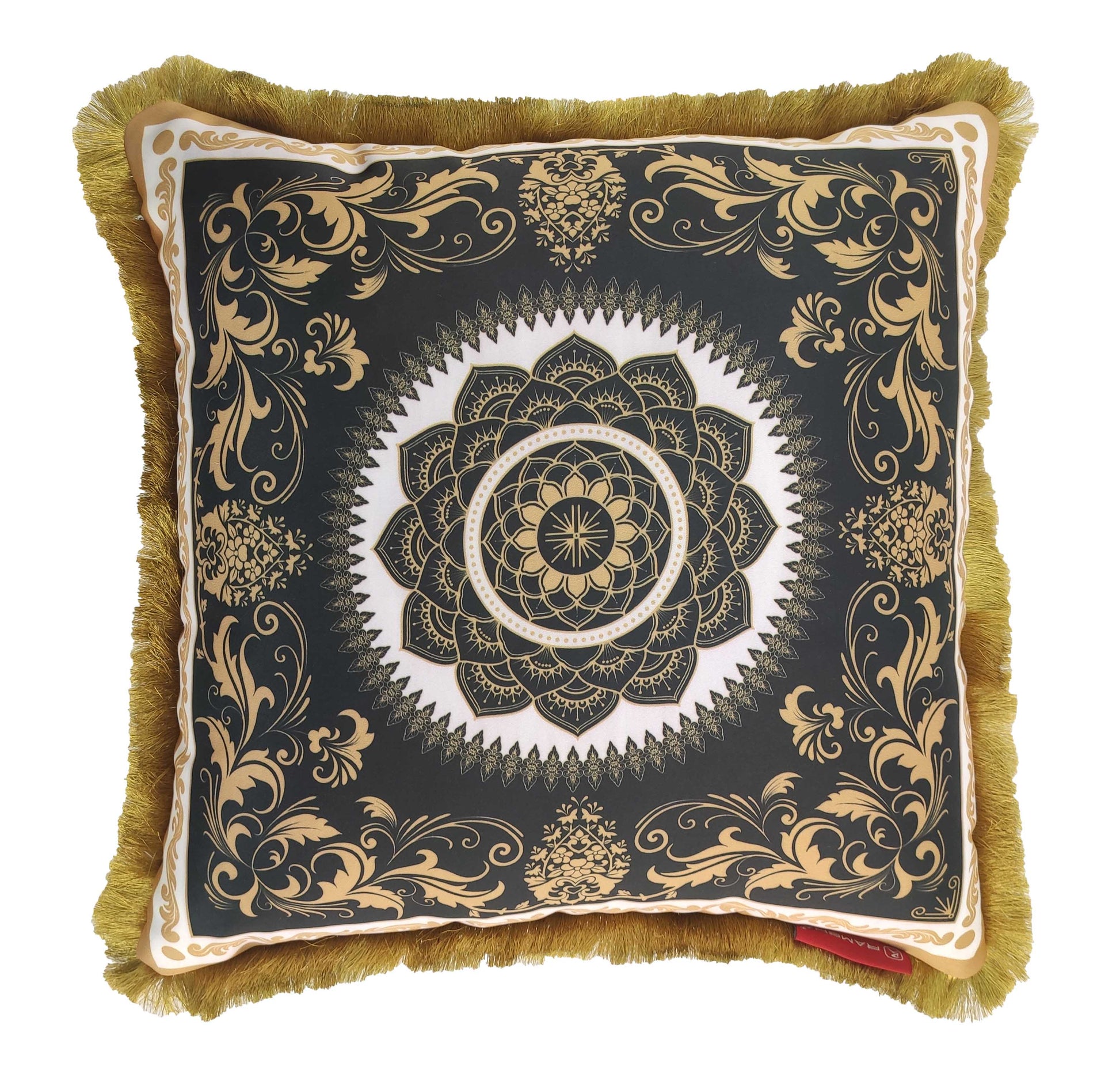 The RAMSHA HOME Digital Printed Cushion With Filler CS-056 features a black base with a gold mandala and floral pattern, gold fringe, red tag, and is machine-washable—perfect for adding elegance to any room.