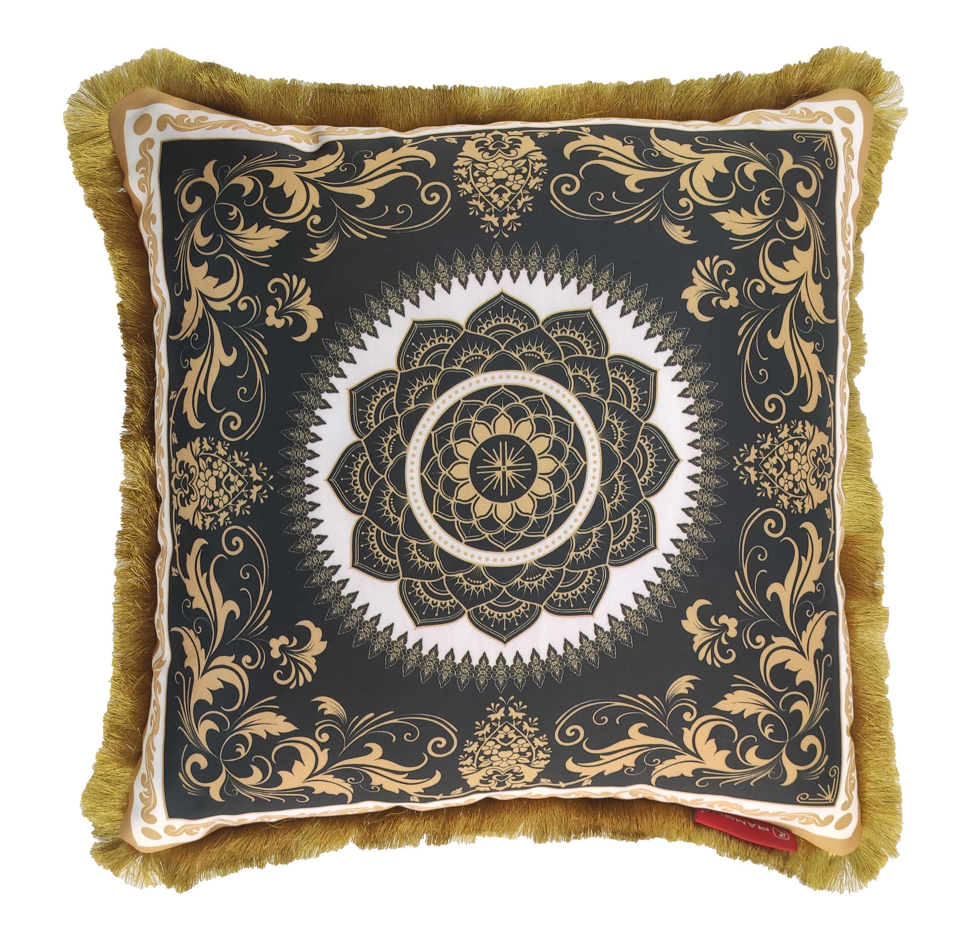 The RAMSHA HOME Digital Printed Cushion With Filler CS-056 features a black base with a gold mandala and floral pattern, gold fringe, red tag, and is machine-washable—perfect for adding elegance to any room.
