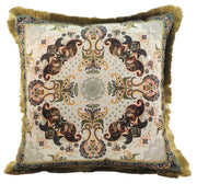 The RAMSHA HOME Multi Color Cushion With Filler CS-059 features a paisley and floral pattern in black, gold, and orange on cream, accented with gold fringe trim for an elegant look.