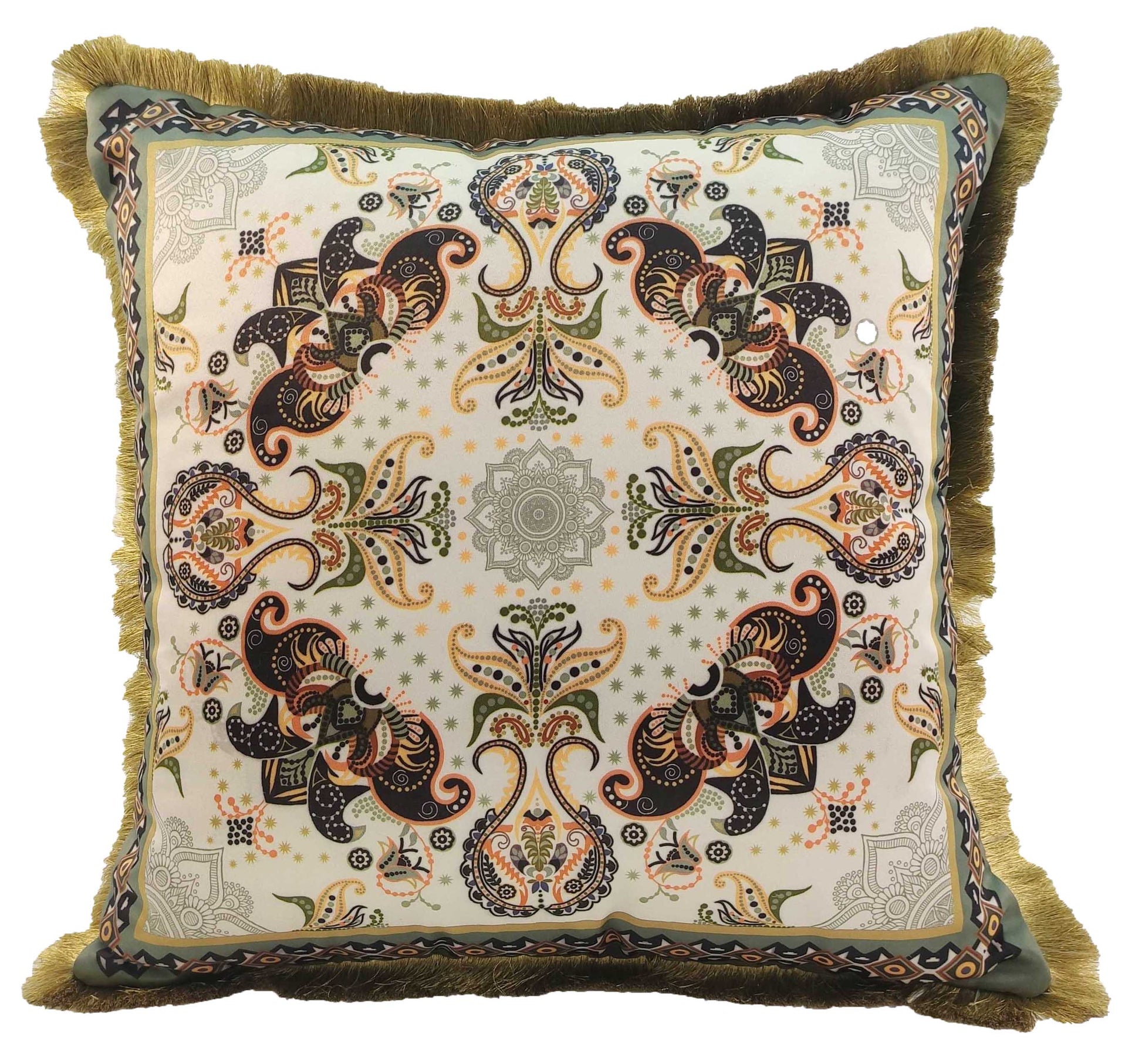 The RAMSHA HOME Multi Color Cushion With Filler CS-059 features a paisley and floral pattern in black, gold, and orange on cream, accented with gold fringe trim for an elegant look.