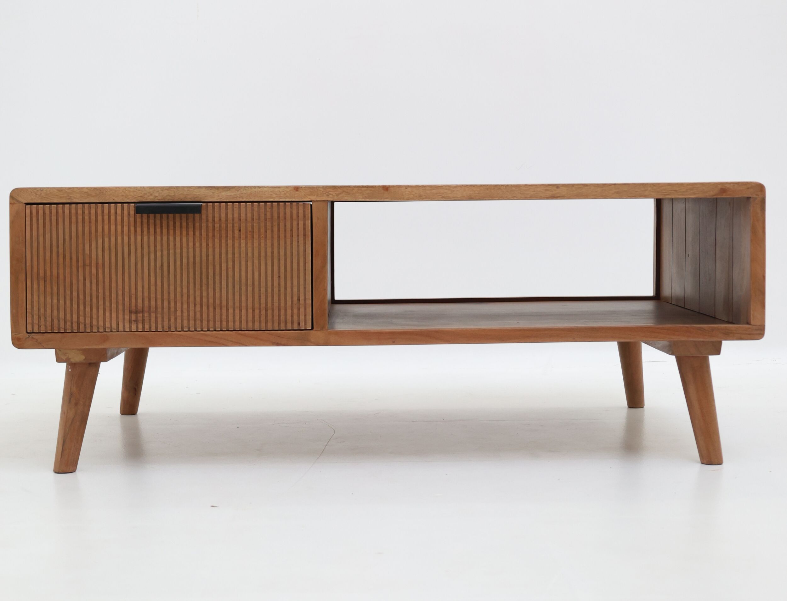 The RAMSHA HOME Modern Industrial Acacia Wood Sideboard features a black metal base, slatted door with black handle on the left, open shelf on the right, and is set against a plain white background.