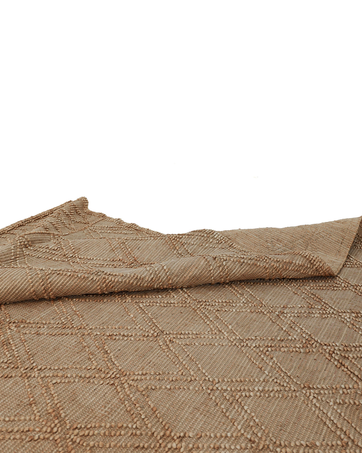 The RAMSHA HOME Floor Woven Living Room Rug (Natural Color, Rectangle Shape, SR-019) is shown in beige with a subtle diamond pattern and a textured jute finish, partially folded at one corner to reveal the underside.