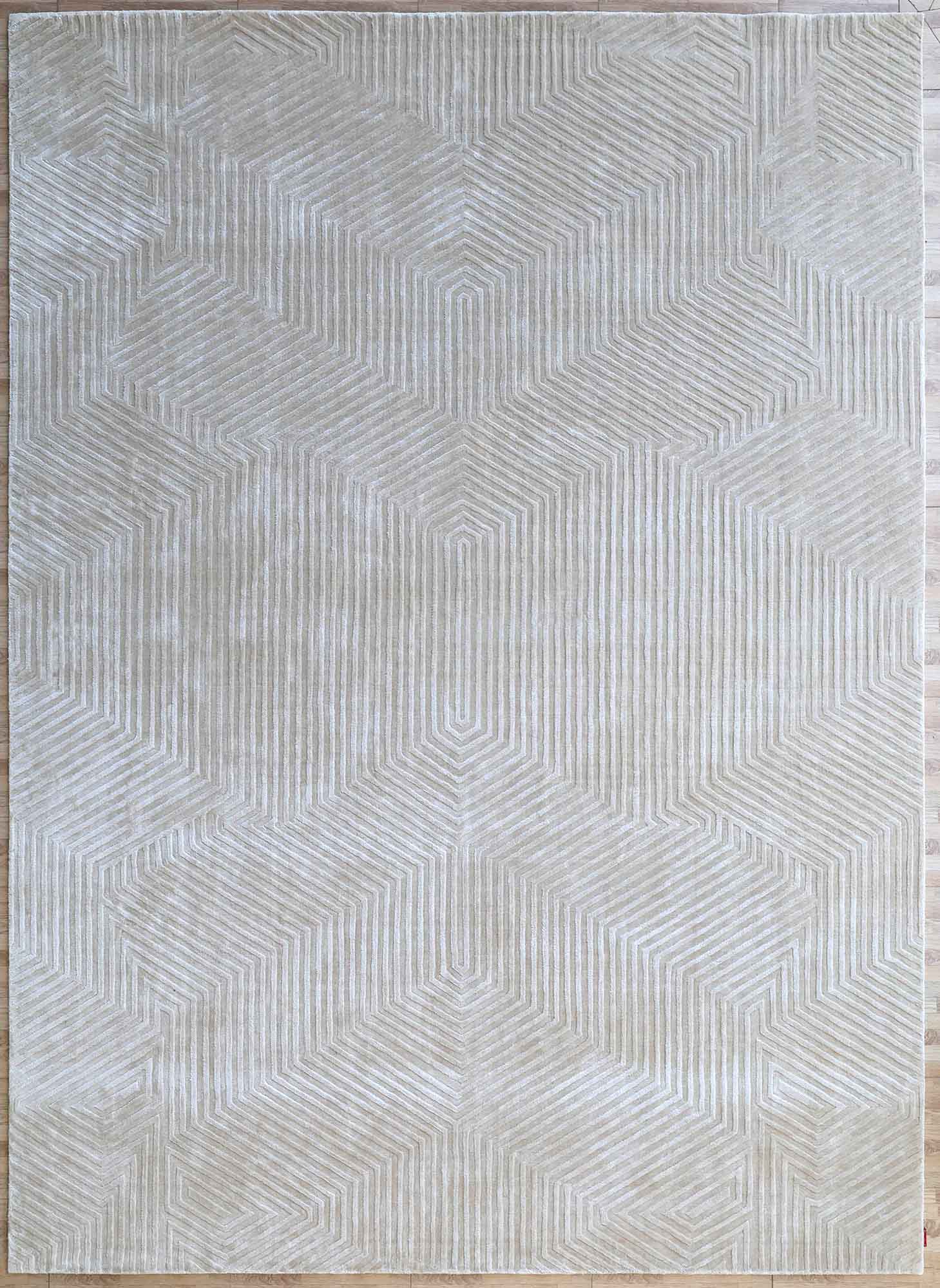 The Geometric Hex Line Patterned Handmade Area Rug - LKH-08 is a beige viscose rug with interlocking hexagons and lines that create a subtle, textured, three-dimensional geometric pattern on the surface.