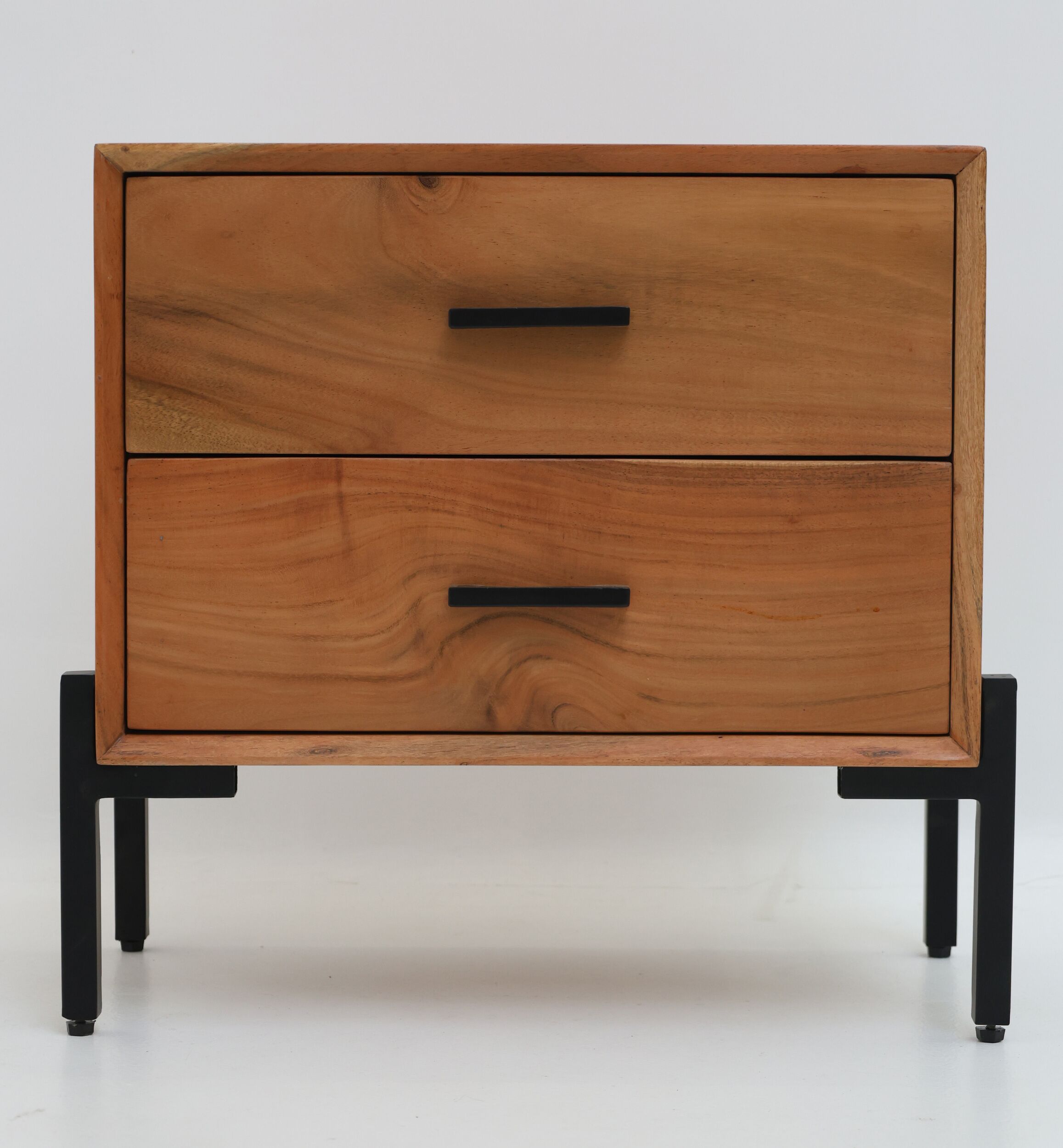 The RAMSHA HOME Solid Acacia Cabinet with 2 Drawers is a compact storage unit featuring black metal handles and legs. Its natural finish highlights the wood grain, offering stylish storage perfect for any space.