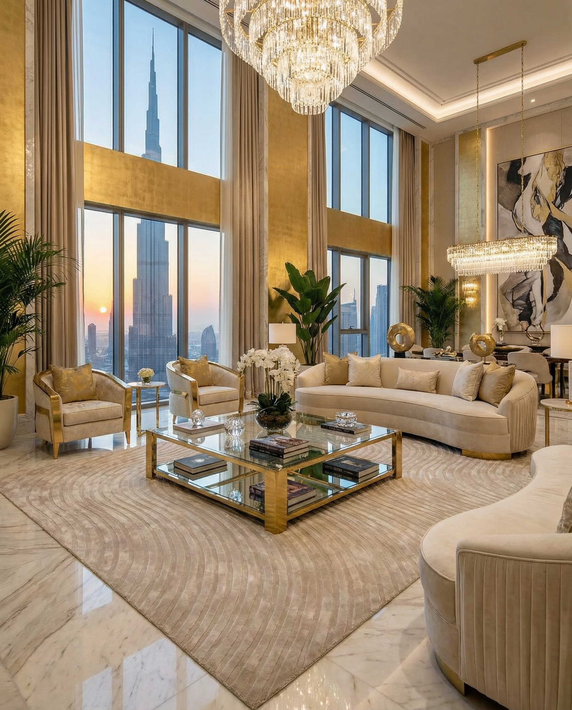 A luxurious living room with tall windows facing the Burj Khalifa at sunset, gold accents, plush sofas, marble floors, and a modern touch from the Off White Handmade Rug - HTV 14 by RAMSHA HOME for extra elegance.