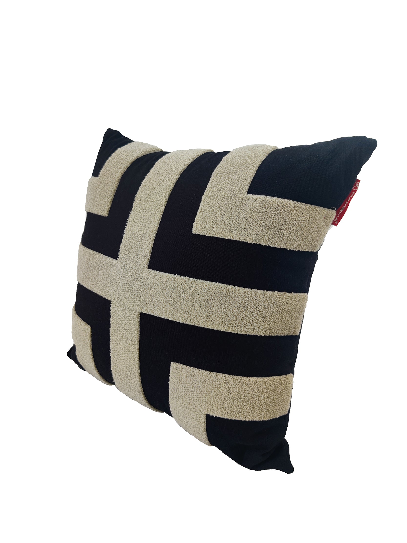 The RAMSHA HOME Black And White Boho Embroidery Cotton Cushion CS-260 features a soft cotton blend with beige geometric patterns on a black background, shown against white.