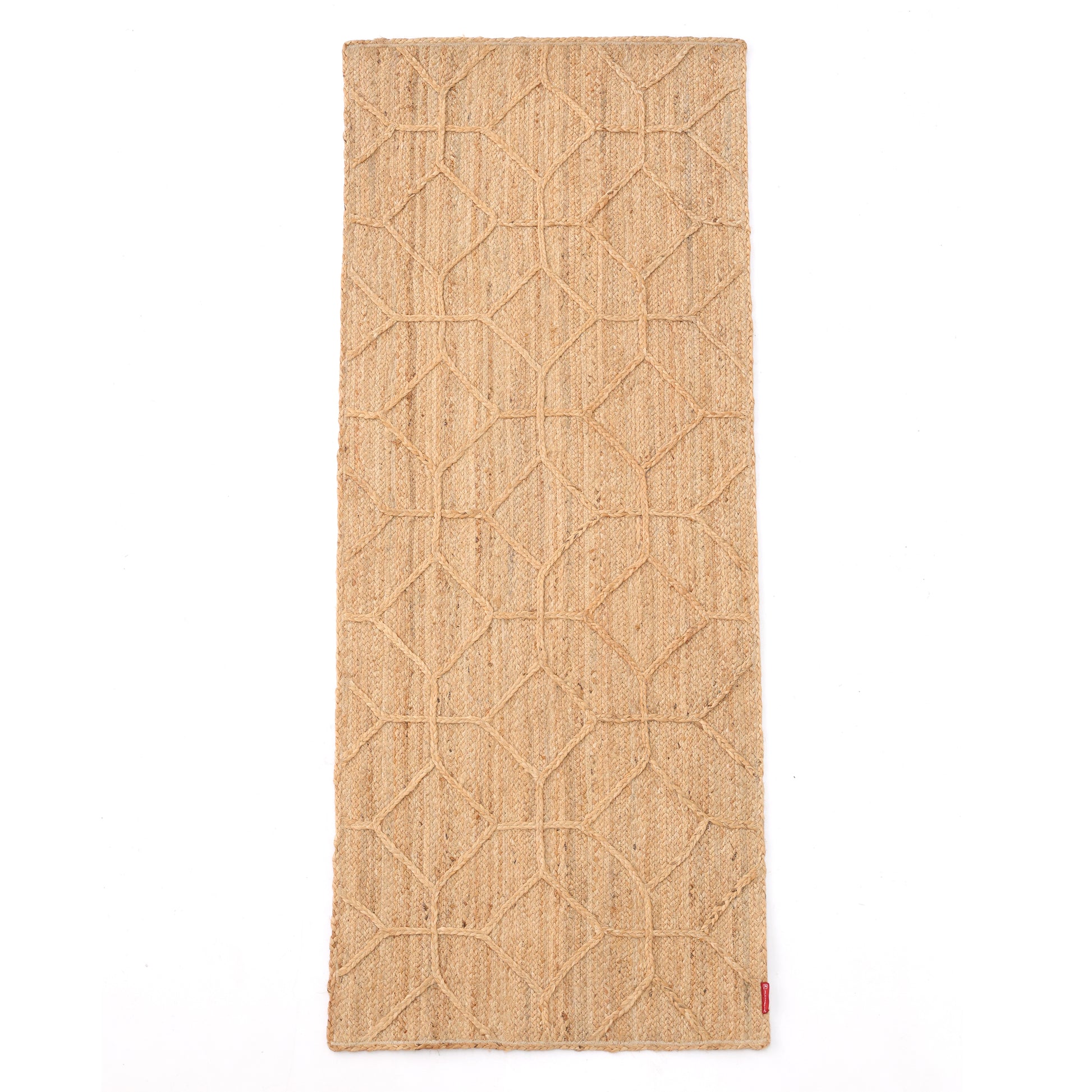 The RAMSHA HOME Natural Color Dining Room Jute Area Braided Rug - BR 076 features interlocking diamond and hexagon patterns in beige, perfect for adding a textured geometric look to modern interiors.