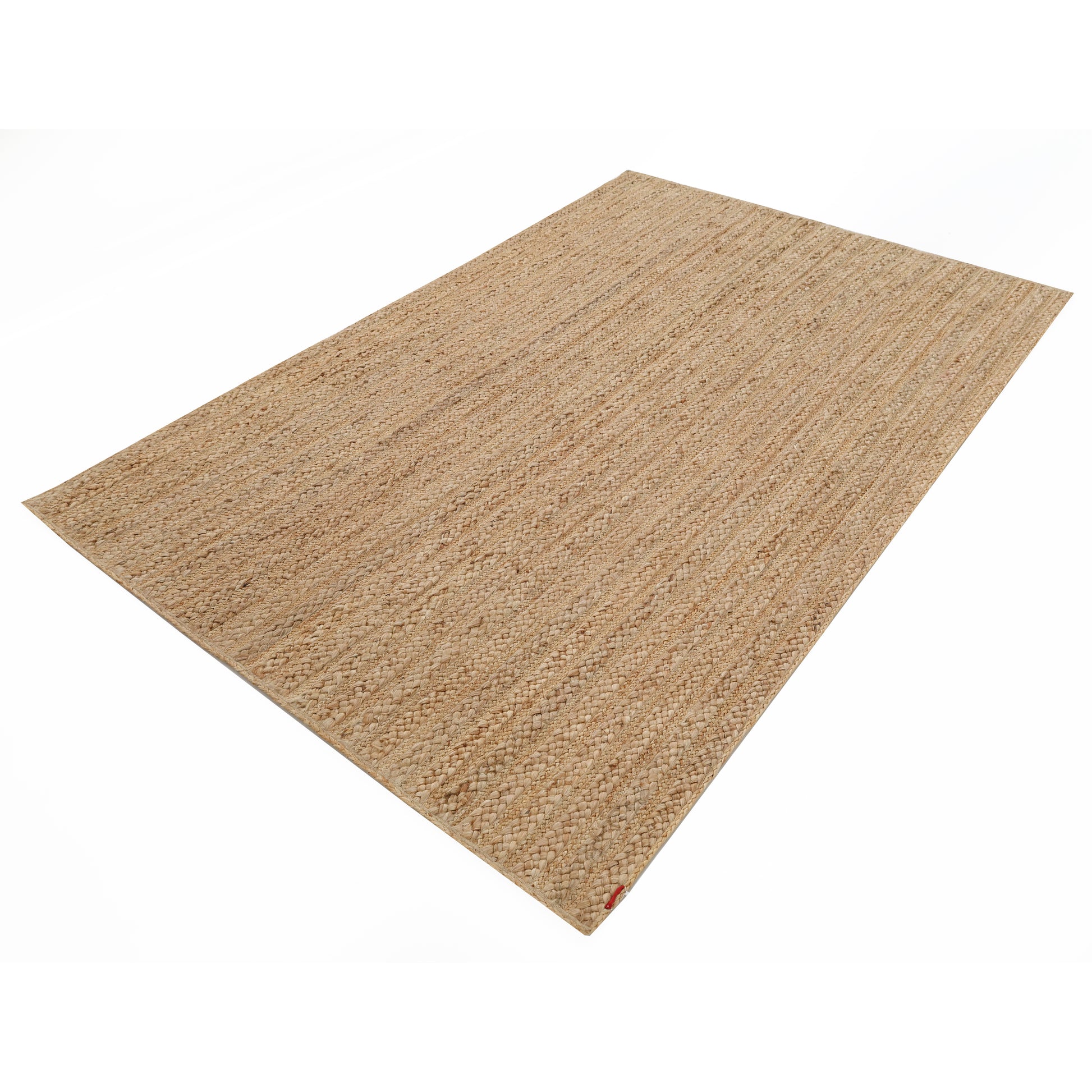 The RAMSHA HOME Braided Jute Natural Color Handmade Rug - BR 021, rectangular and woven in tan, is displayed on a white background at an angle to emphasize its texture and minimalist style.