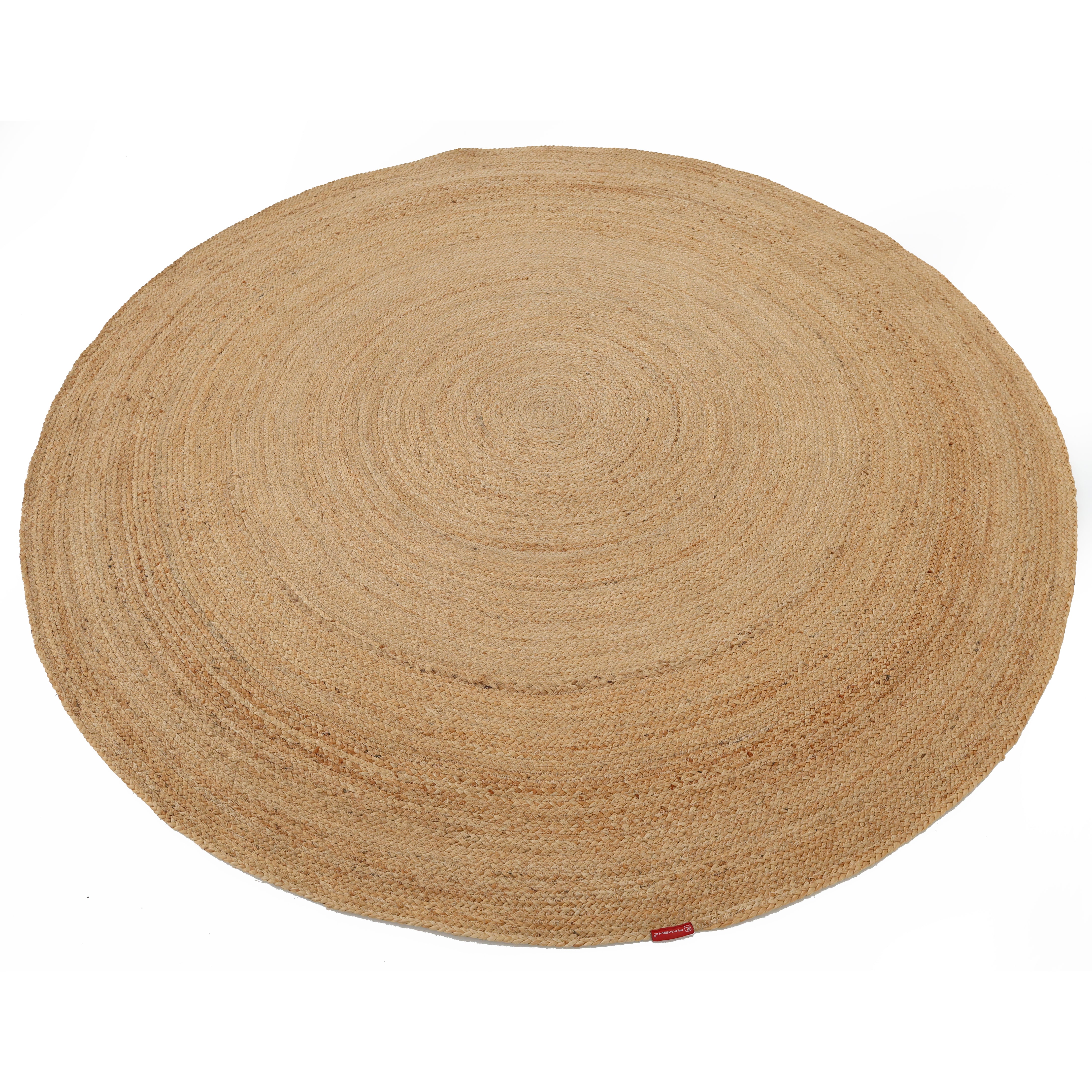 The RAMSHA HOME Handmade Jute Braided Rugs for Living Room BR-016 features a natural, neutral-toned round design with visible concentric patterns, beautifully showcased on a white background.