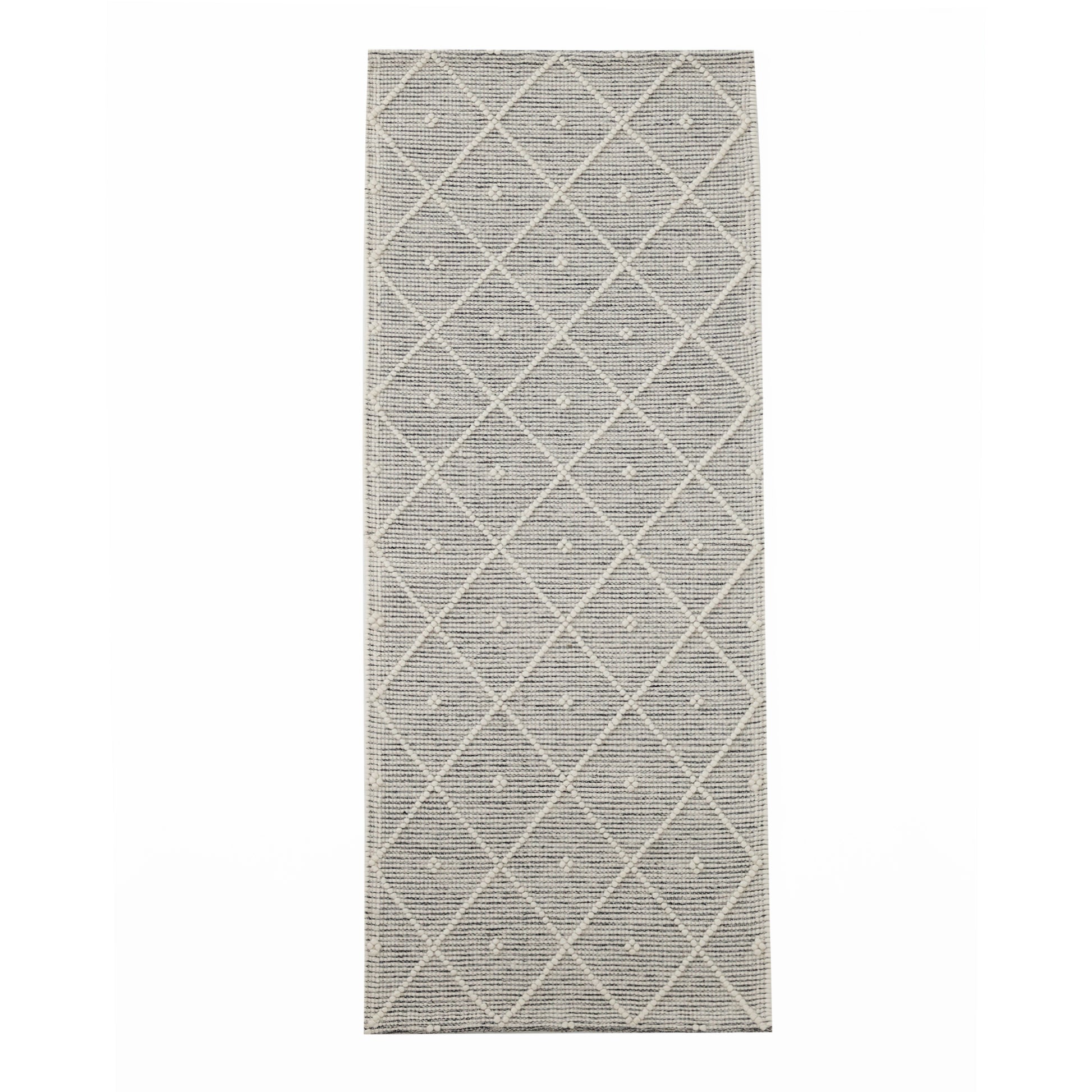 The RAMSHA HOME Natural & White Color Woven Rug (SRN-012), featuring a geometric diamond pattern, is hand-tufted from NZ wool and shown on a white background.