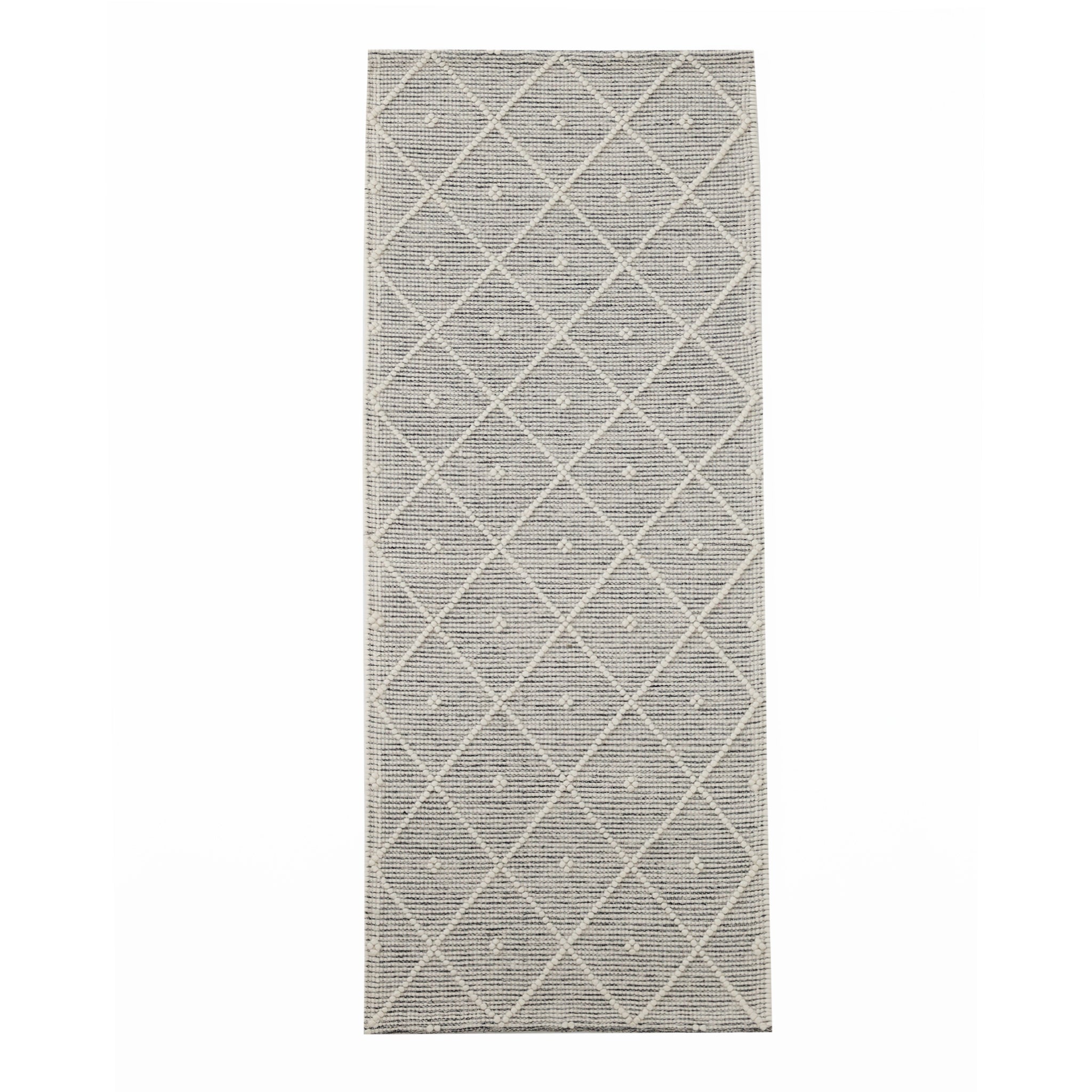 The RAMSHA HOME Natural & White Color Woven Rug (SRN-012), featuring a geometric diamond pattern, is hand-tufted from NZ wool and shown on a white background.