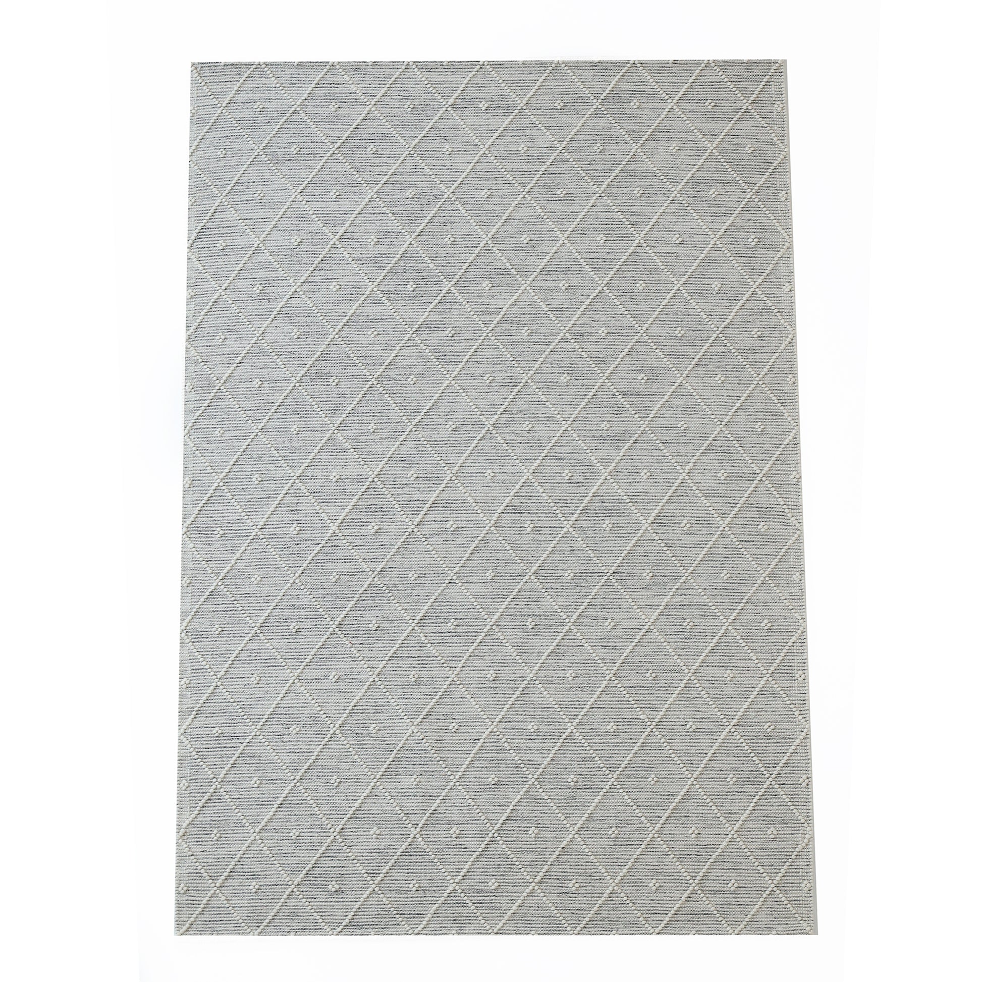 The Natural & White Color Woven Rug SRN-012 by RAMSHA HOME features a hand-tufted grey rectangular design with a subtle diamond and dot pattern, showcased on a white background.