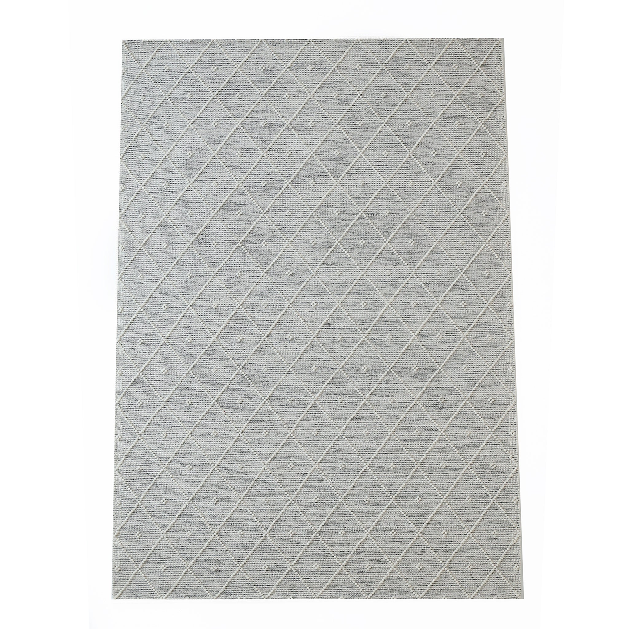 The Natural & White Color Woven Rug SRN-012 by RAMSHA HOME features a hand-tufted grey rectangular design with a subtle diamond and dot pattern, showcased on a white background.