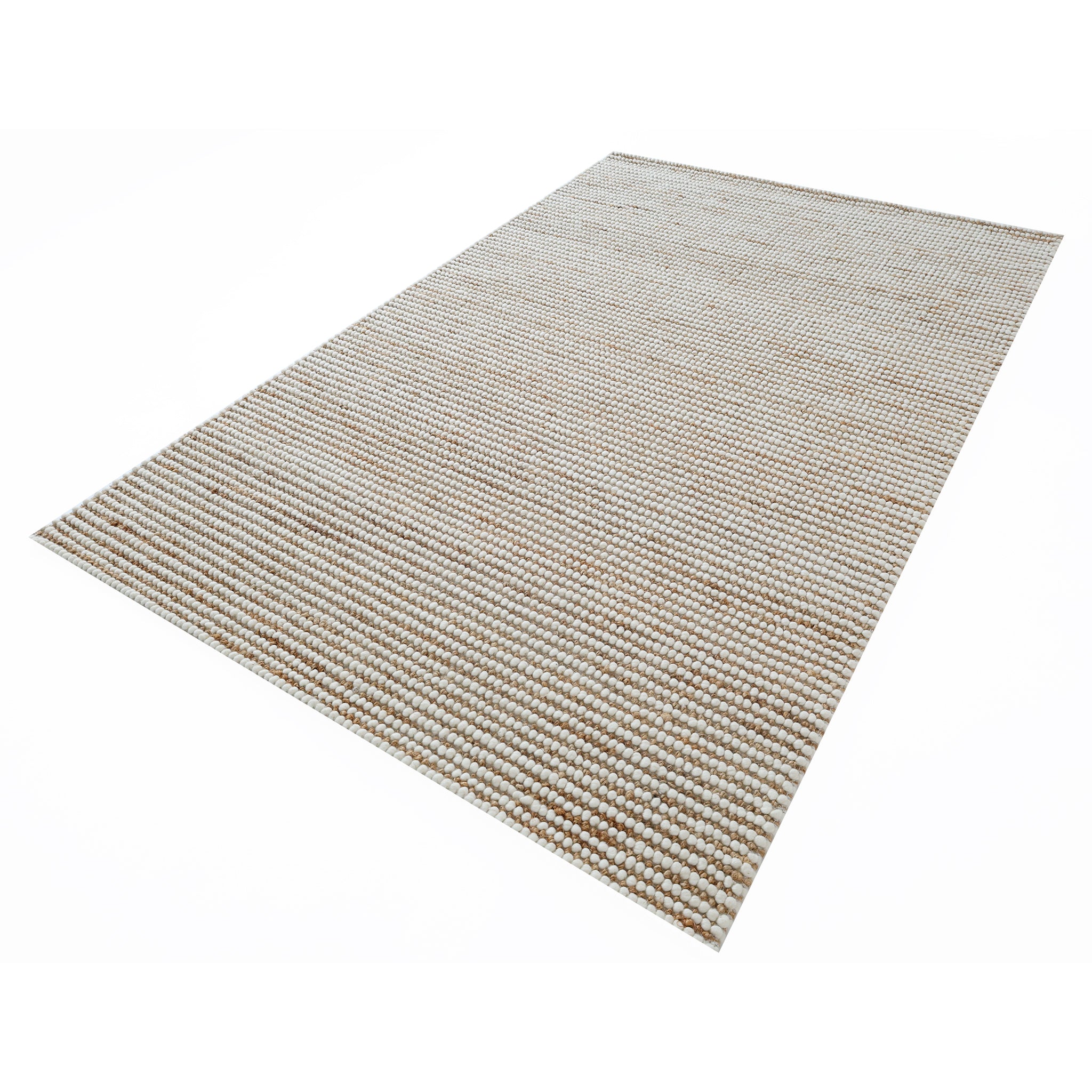 The RAMSHA HOME Solid Textured Loop Pile Woven Rug (SRN-027) is a rectangular beige area rug with a subtle striped pattern, crafted from natural fibers for home decor. It features a soft, slightly raised textured surface.