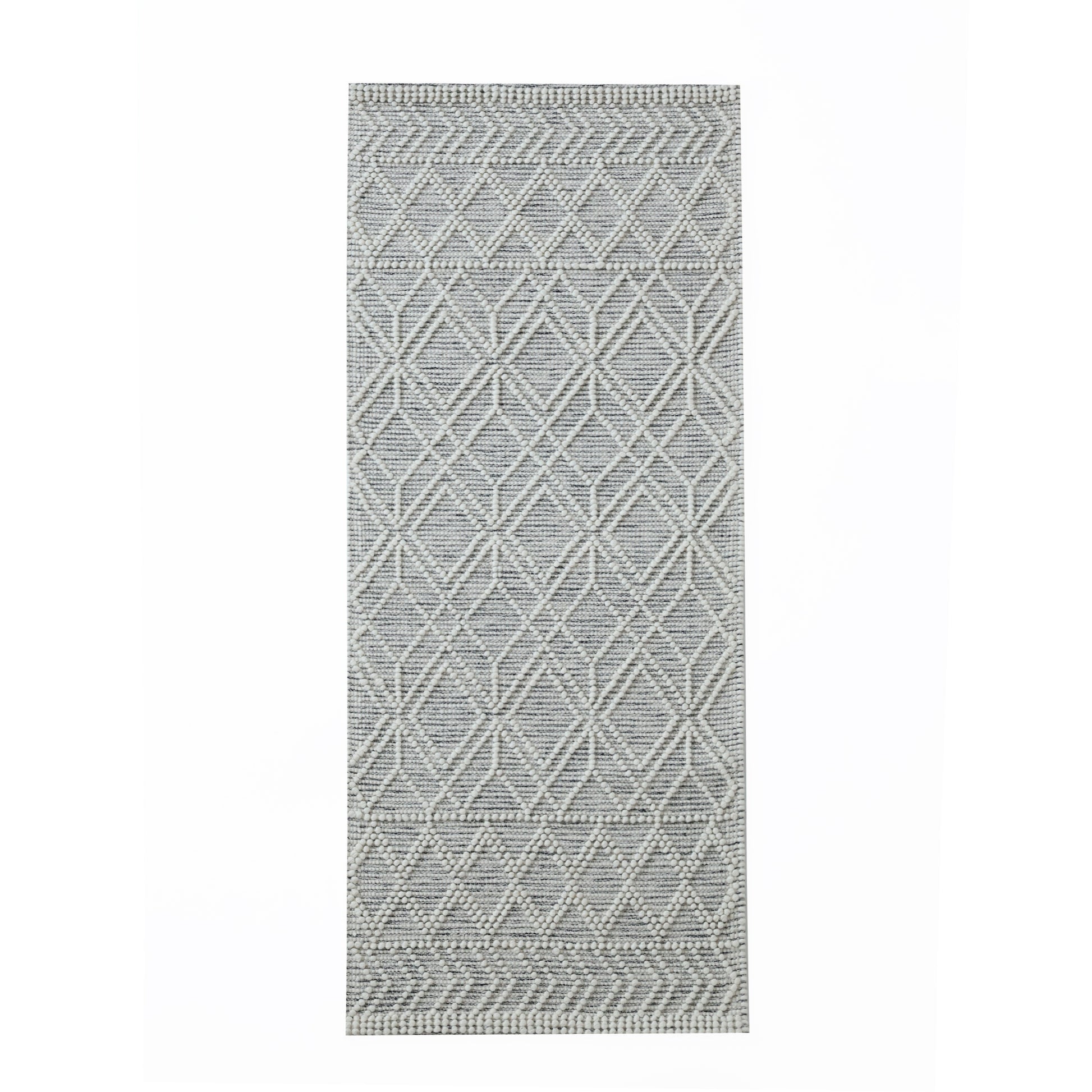 The RAMSHA HOME Wool & Cotton Living Room Woven Rug SRN-019 is a rectangular grey rug with textured diamond and line patterns, featuring intricate woven wool and cotton details for depth and visual interest.